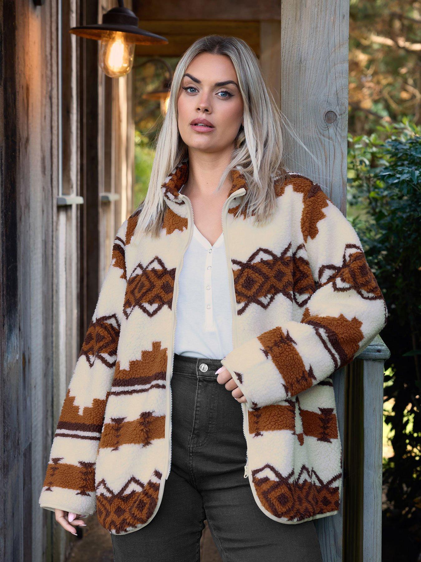 Yours Curve Zip Through Borg Fairisle Fleece - Brown