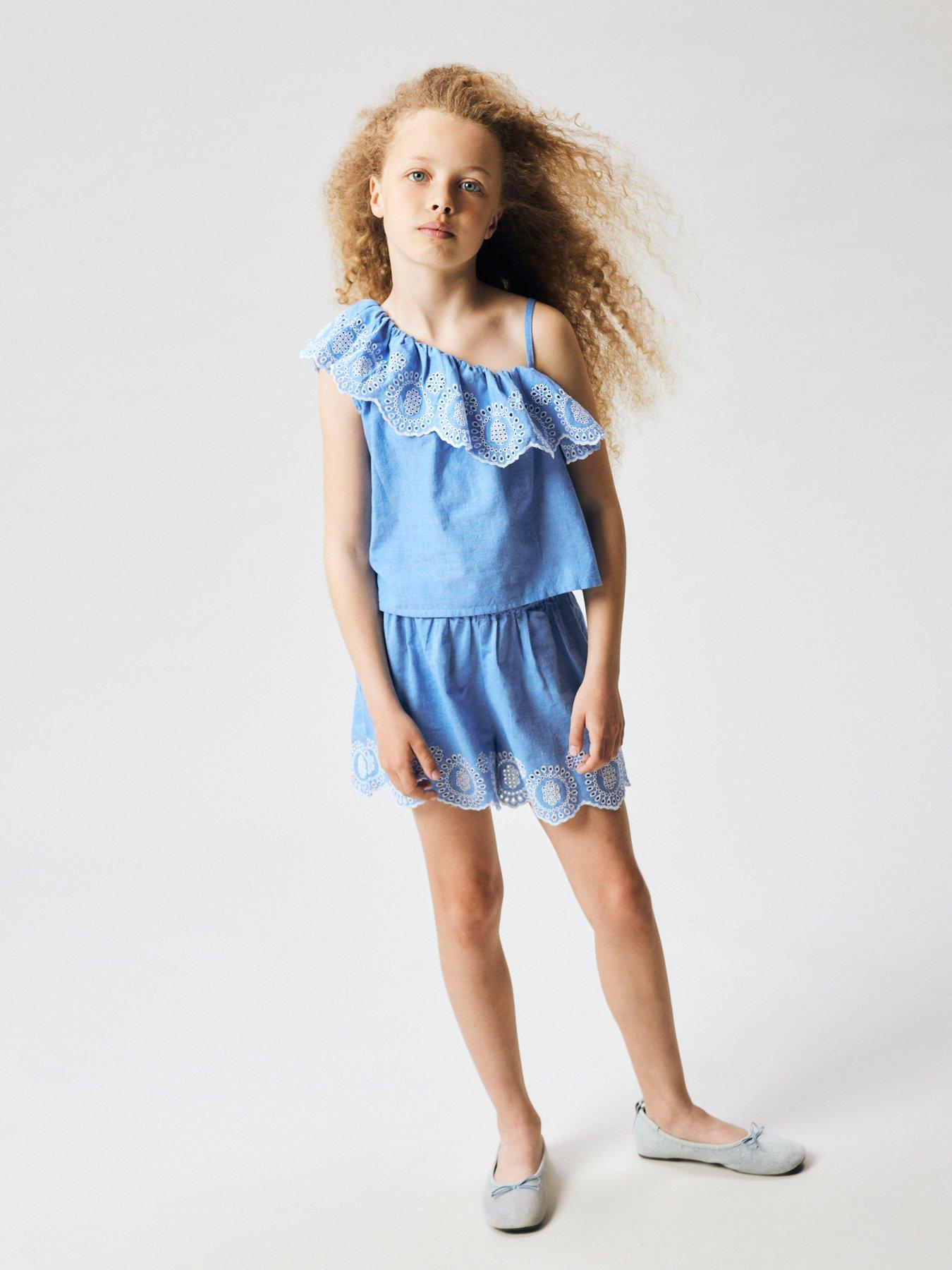Image 1 of 4 of Name It Girls Chambray Embroidered Co-ord Shorts - Blue