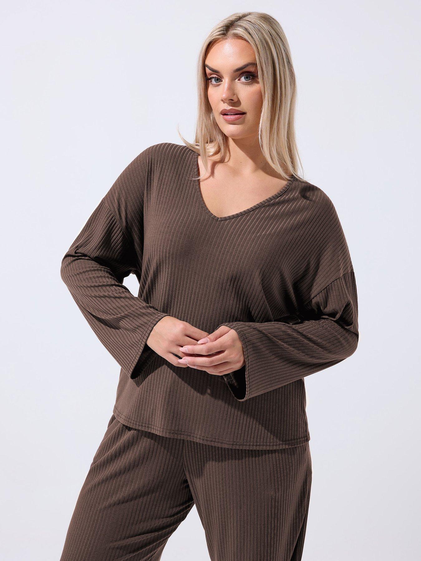 Yours Curve V Neck Ribbed Top  - Brown