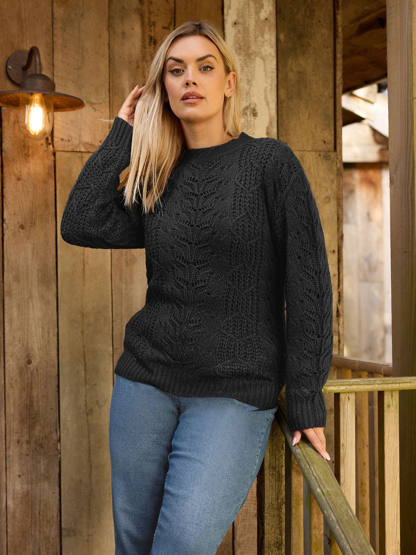 Yours Curve Pointelle Detail Jumper - Black