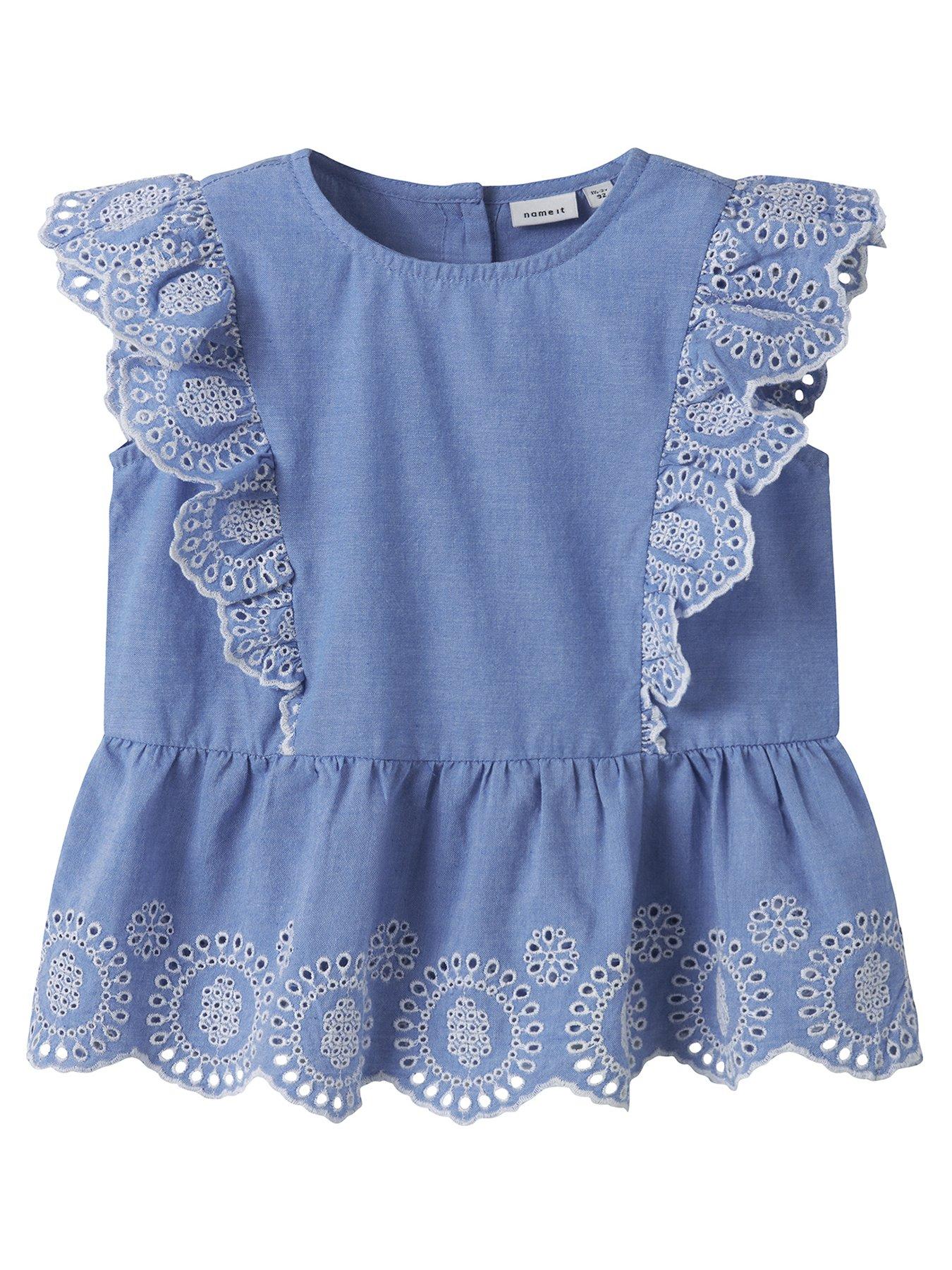 Name It Mini Girls Chambray Embroidered Co-ord Blouse, Purple Impression, Size Age: 1.5-2 Years