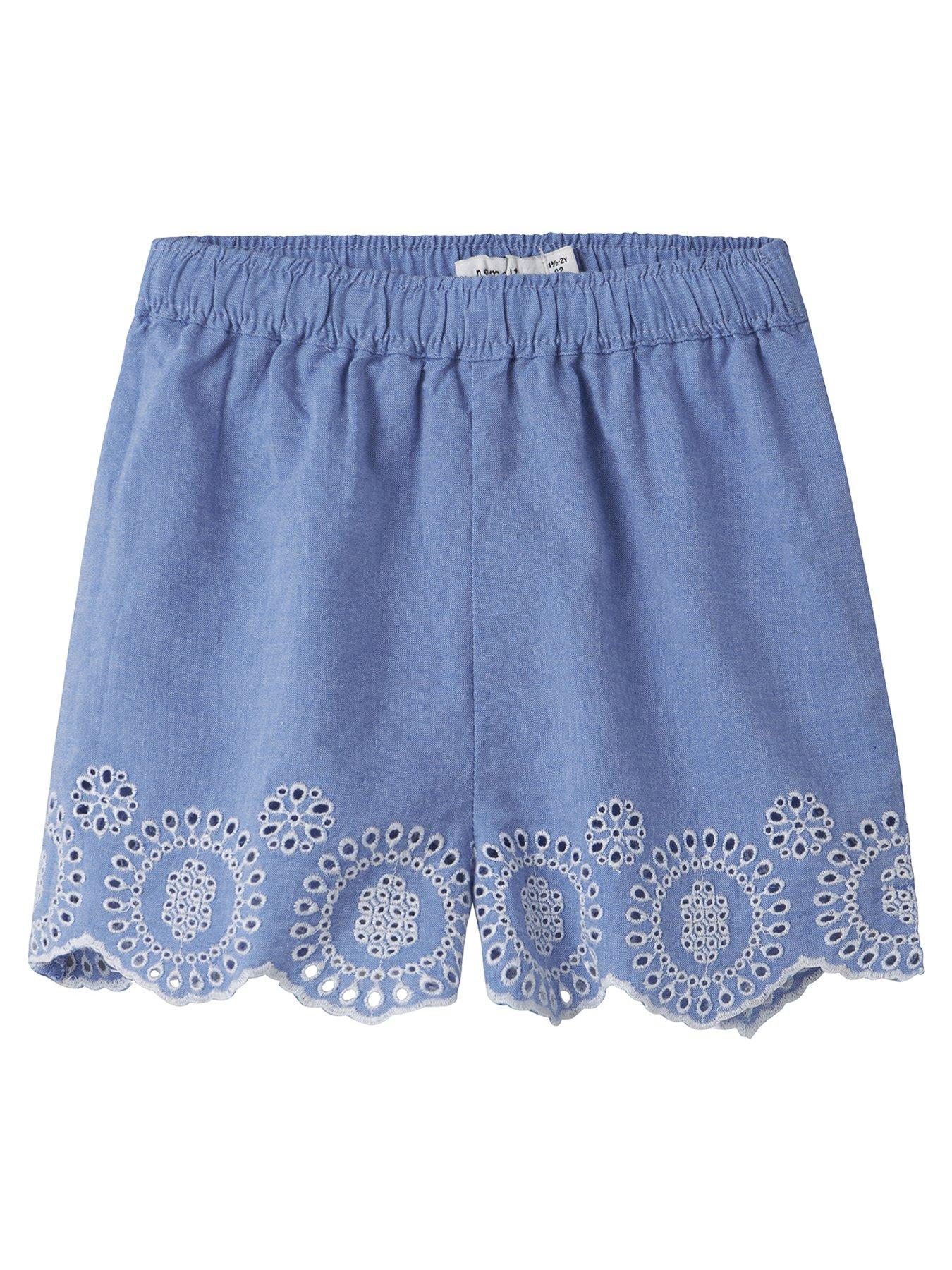 Name It Mini Girls Chambray Embroidered Co-ord Shorts, Purple Impression, Size Age: 1.5-2 Years