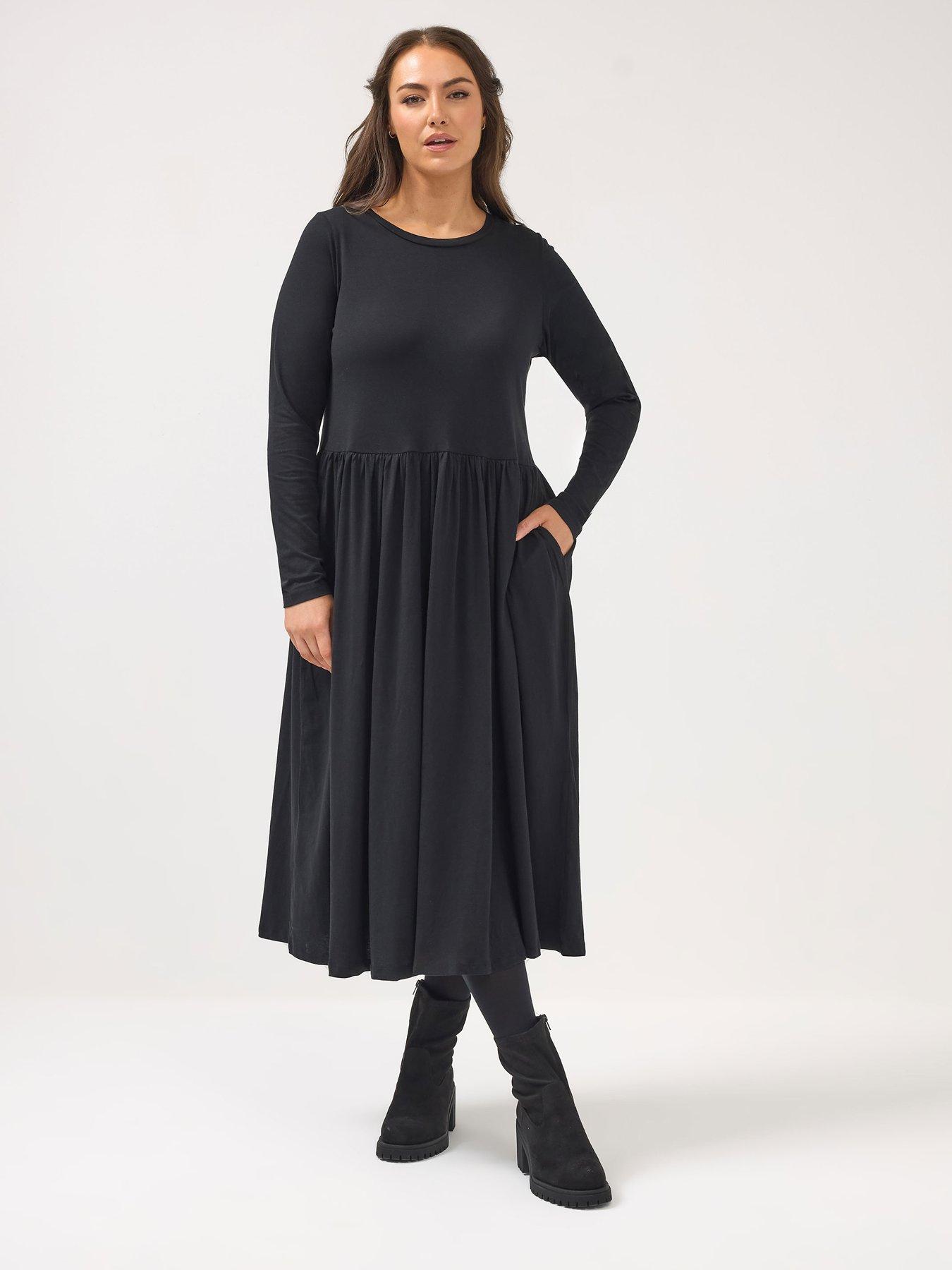 chinese dress ladies Useagrey Women Crew-Neck Plus Size Peplum Dress Church Wear to Work Bodycon Long  Sleeve Midi Dresses Black at Amazon Women's Clothing store main image 1