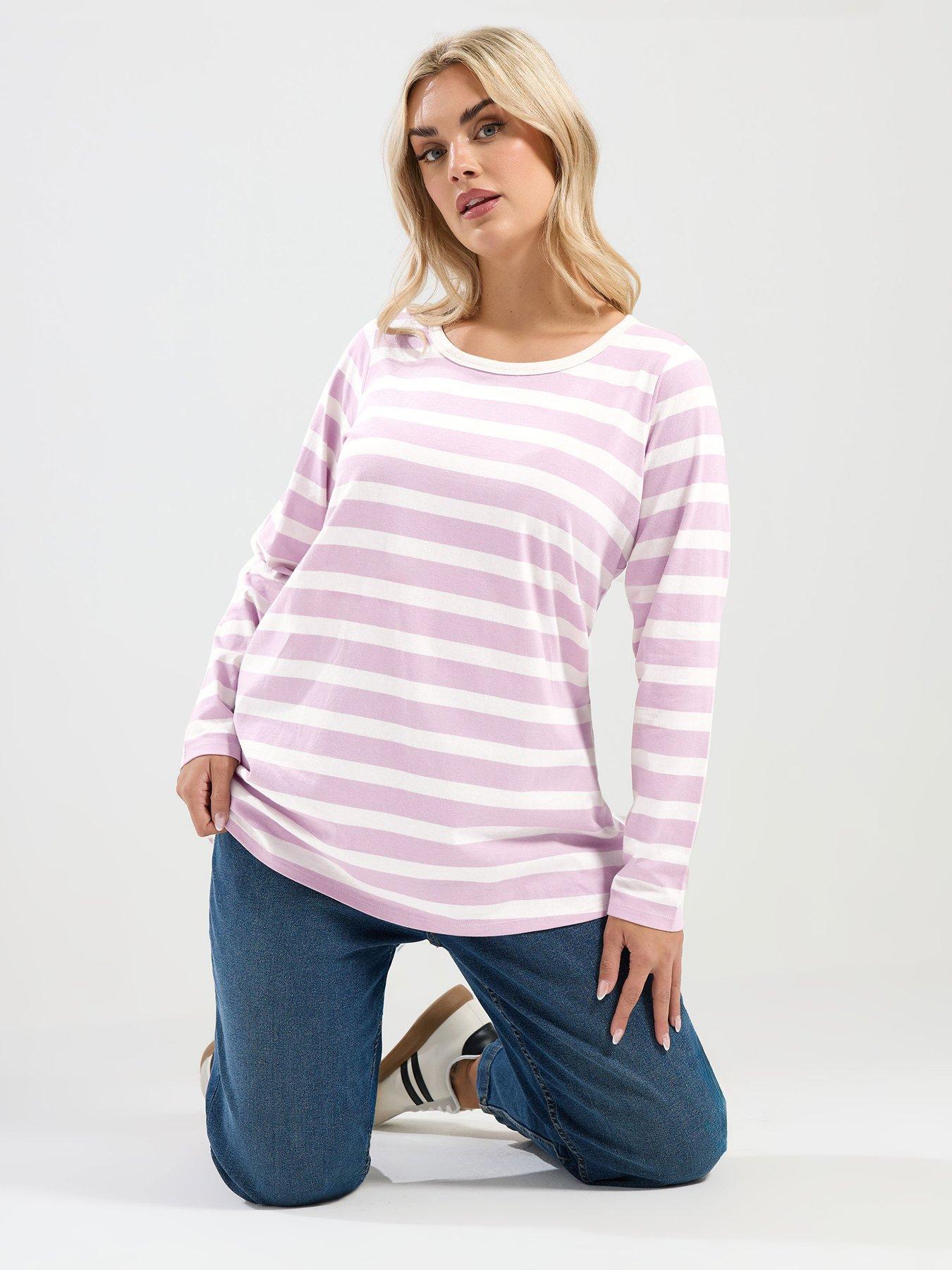 Image 1 of 4 of Yours Curve Long Sleeve Stripe T-Shirt - Pink