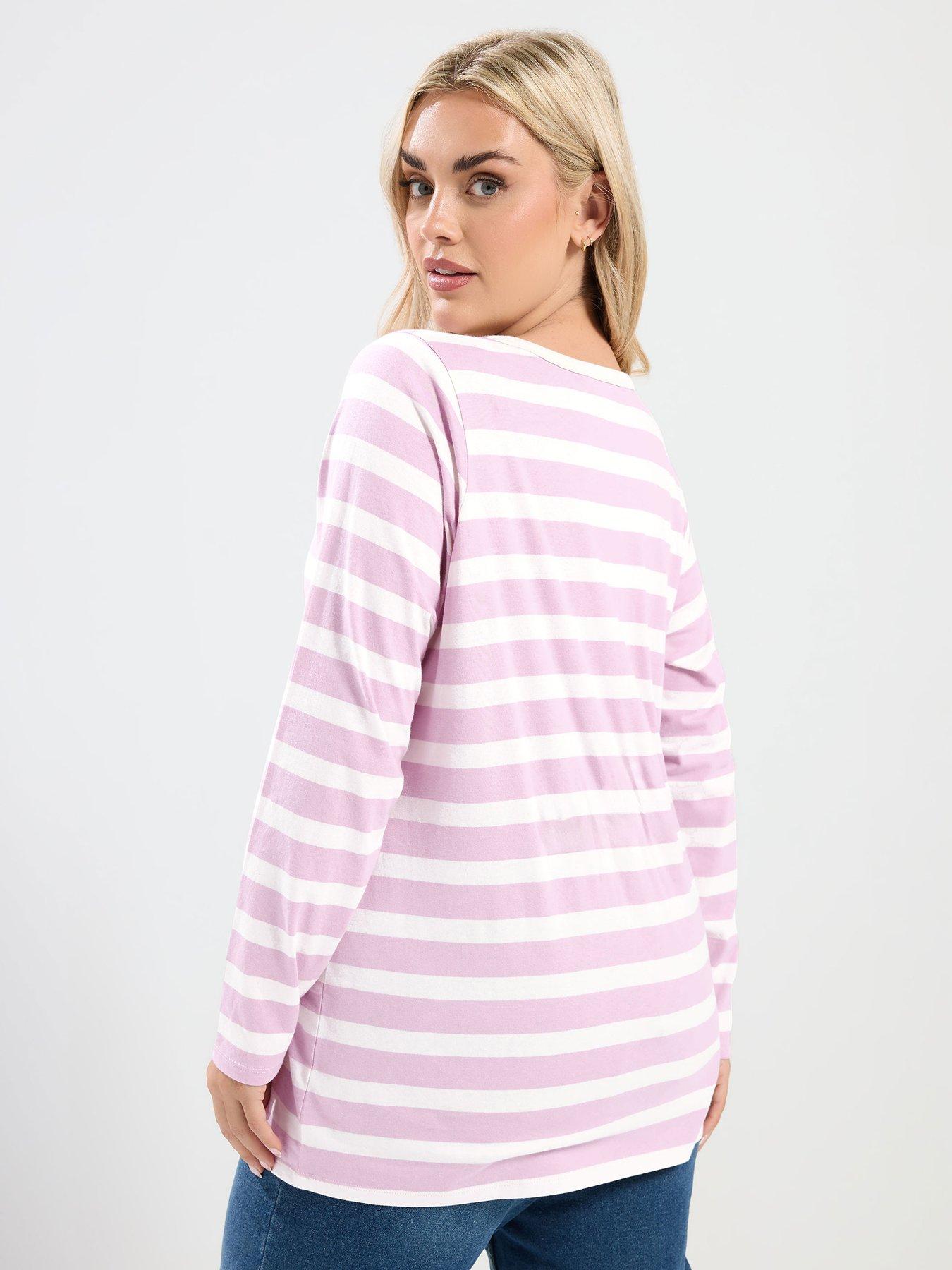 Image 2 of 4 of Yours Curve Long Sleeve Stripe T-Shirt - Pink