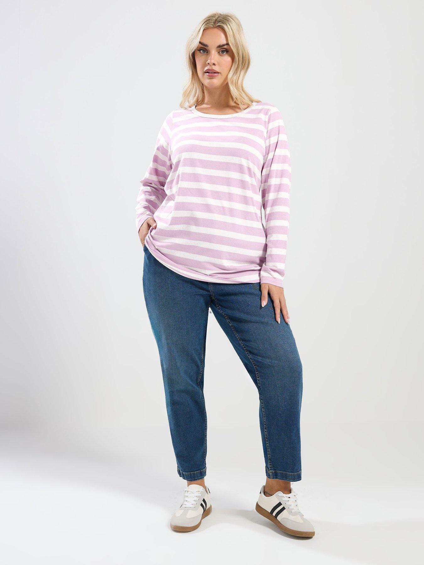 Image 3 of 4 of Yours Curve Long Sleeve Stripe T-Shirt - Pink