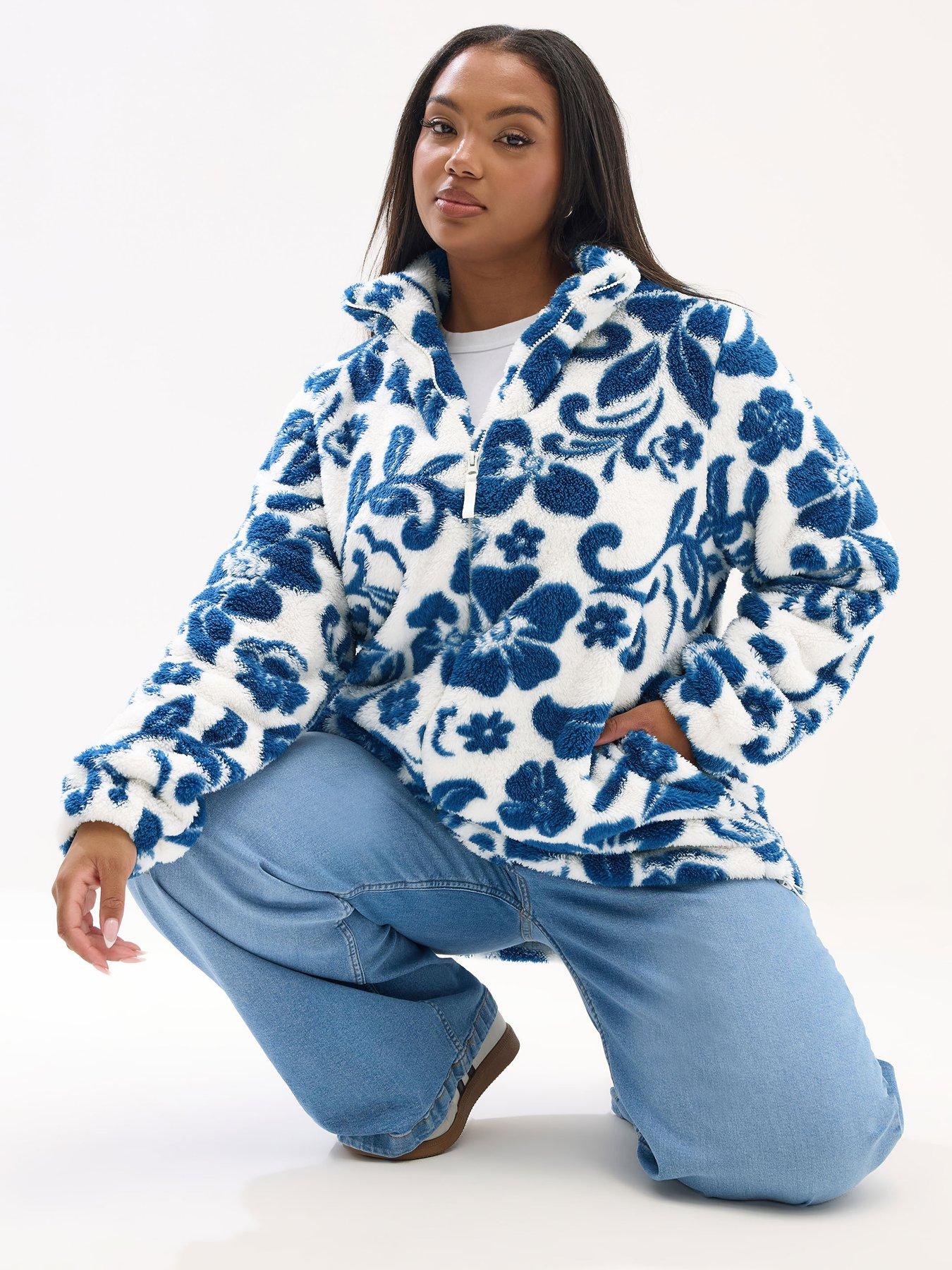 Yours Curve Floral Sherpa Borg Fleece - Blue