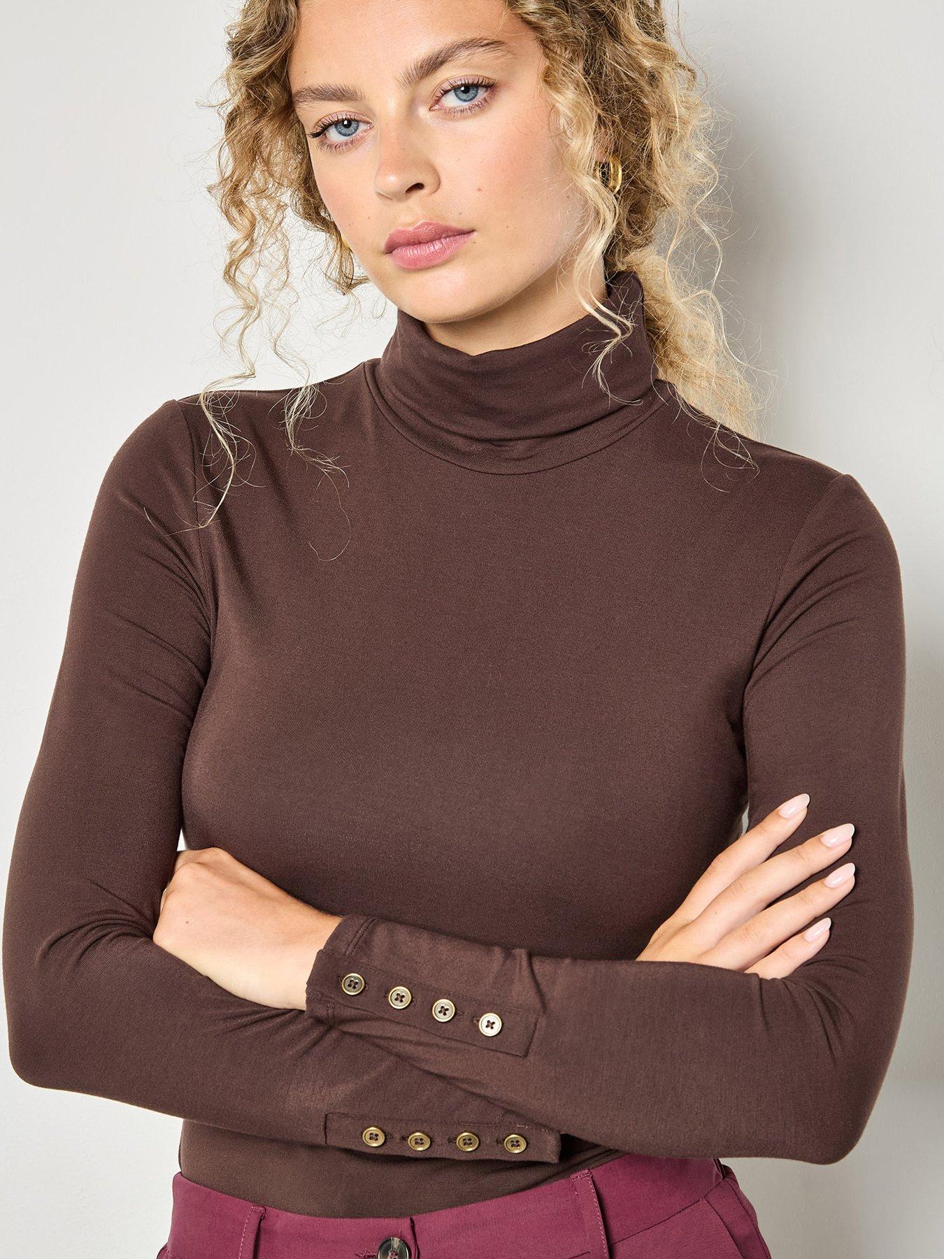 Apricot Turtle Neck Button Cuff Top