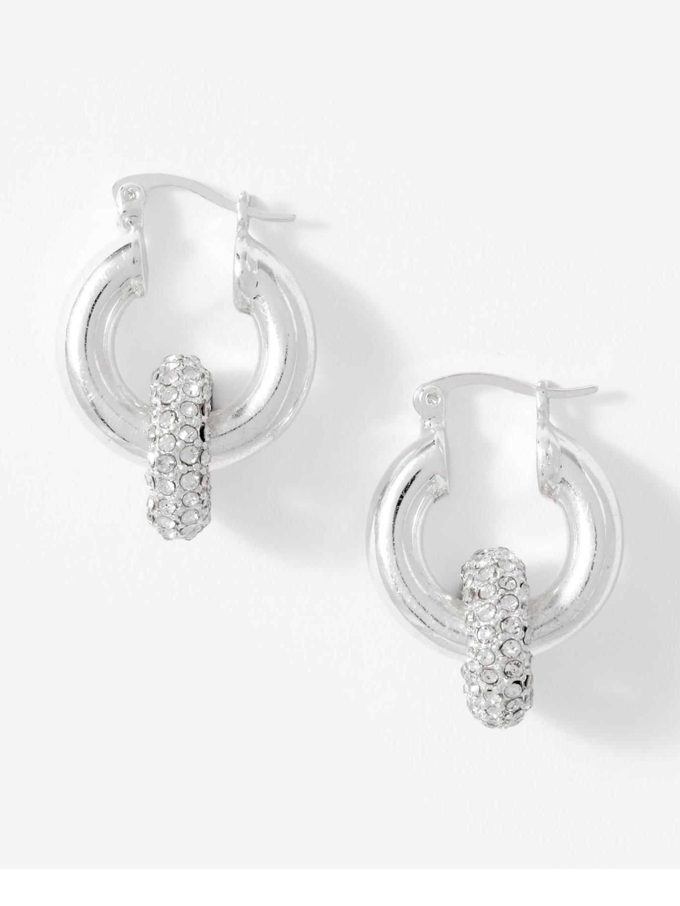 Image 1 of 4 of Mint Velvet Pave Hoop Earrings - Silver Tone