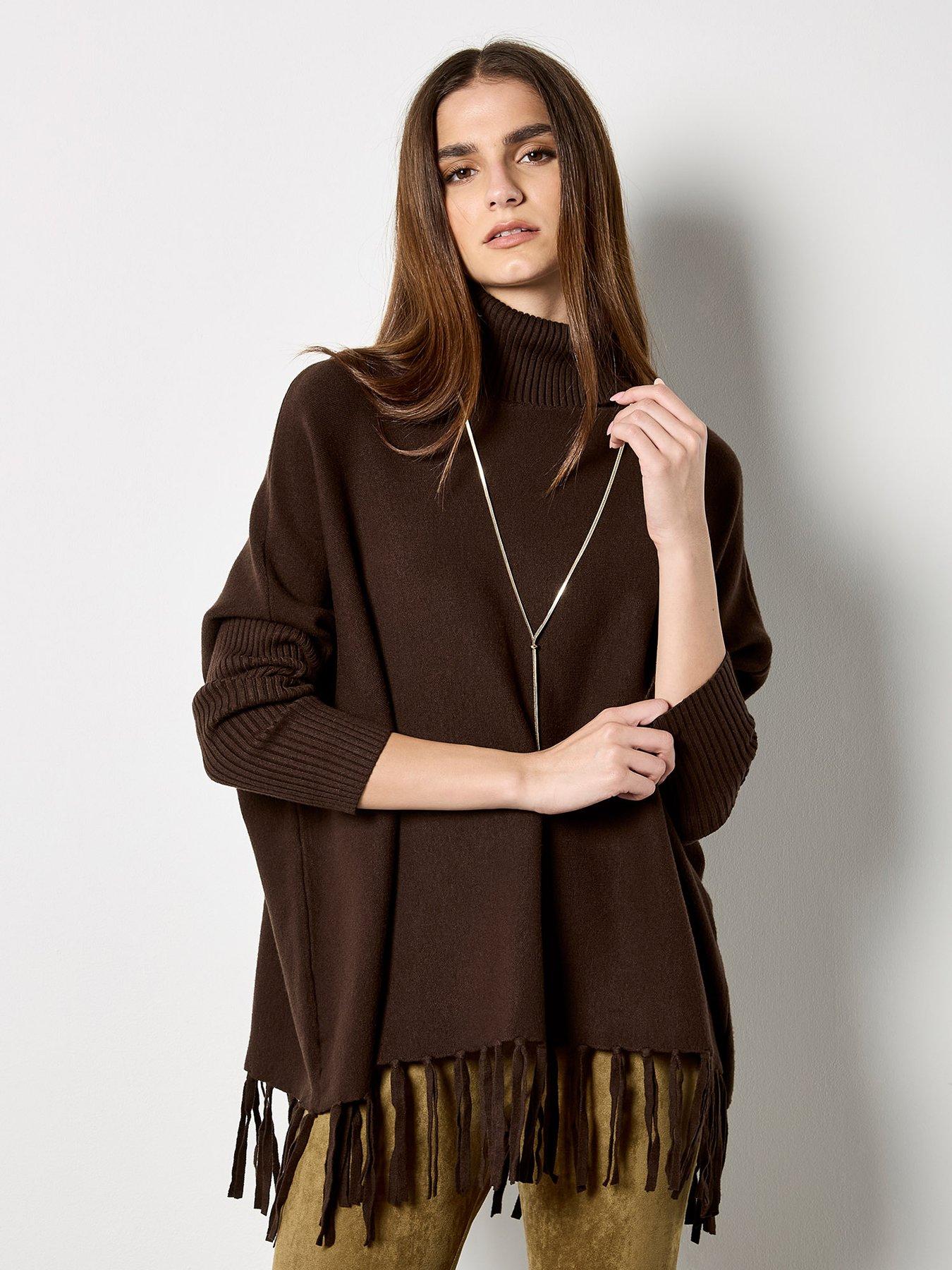 Apricot Roll Neck Fringe Ponch Jumper