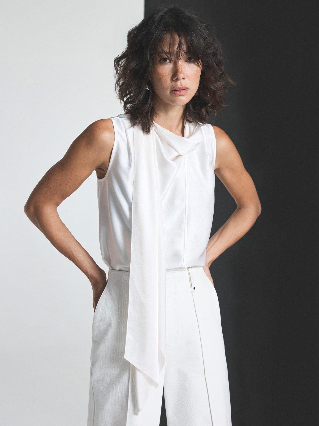 Mint Velvet Ivory Satin Scarf Neck Top - White