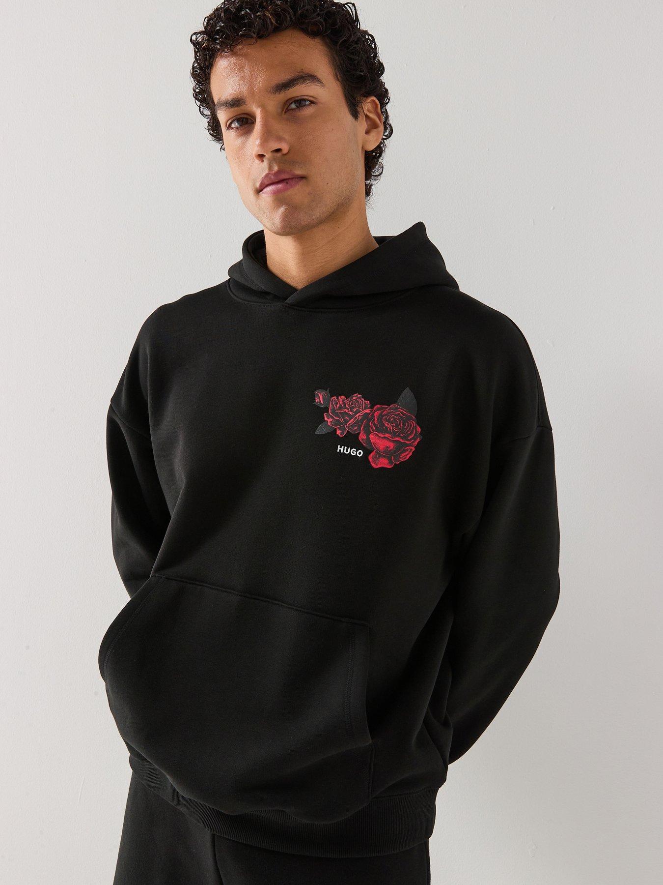 HUGO Dagethood Oversize Fit Rose Logo Overhead Hoodie, Black, Size 2Xl, Men