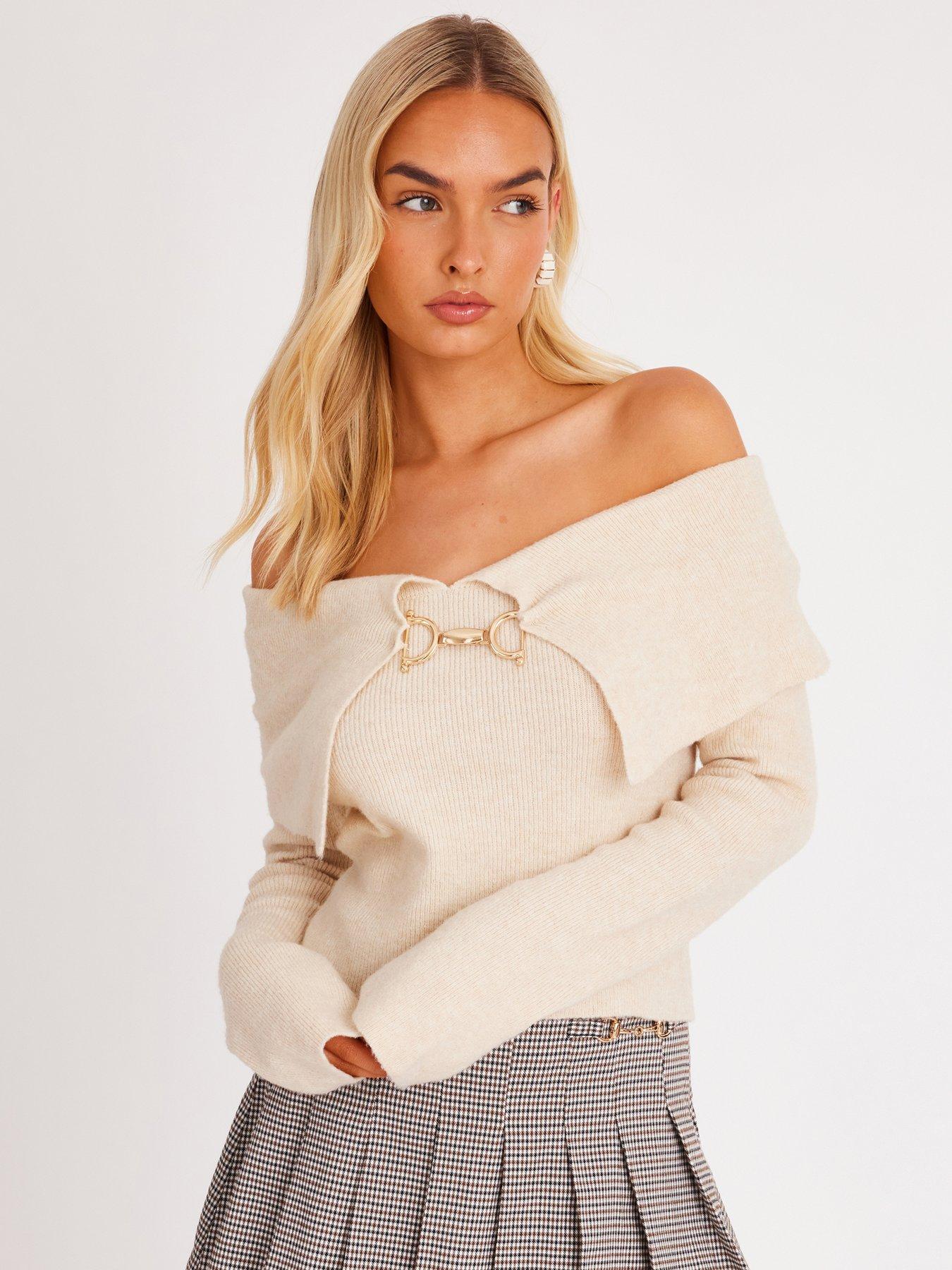 quiz-stone-bardot-chain-front-jumper
