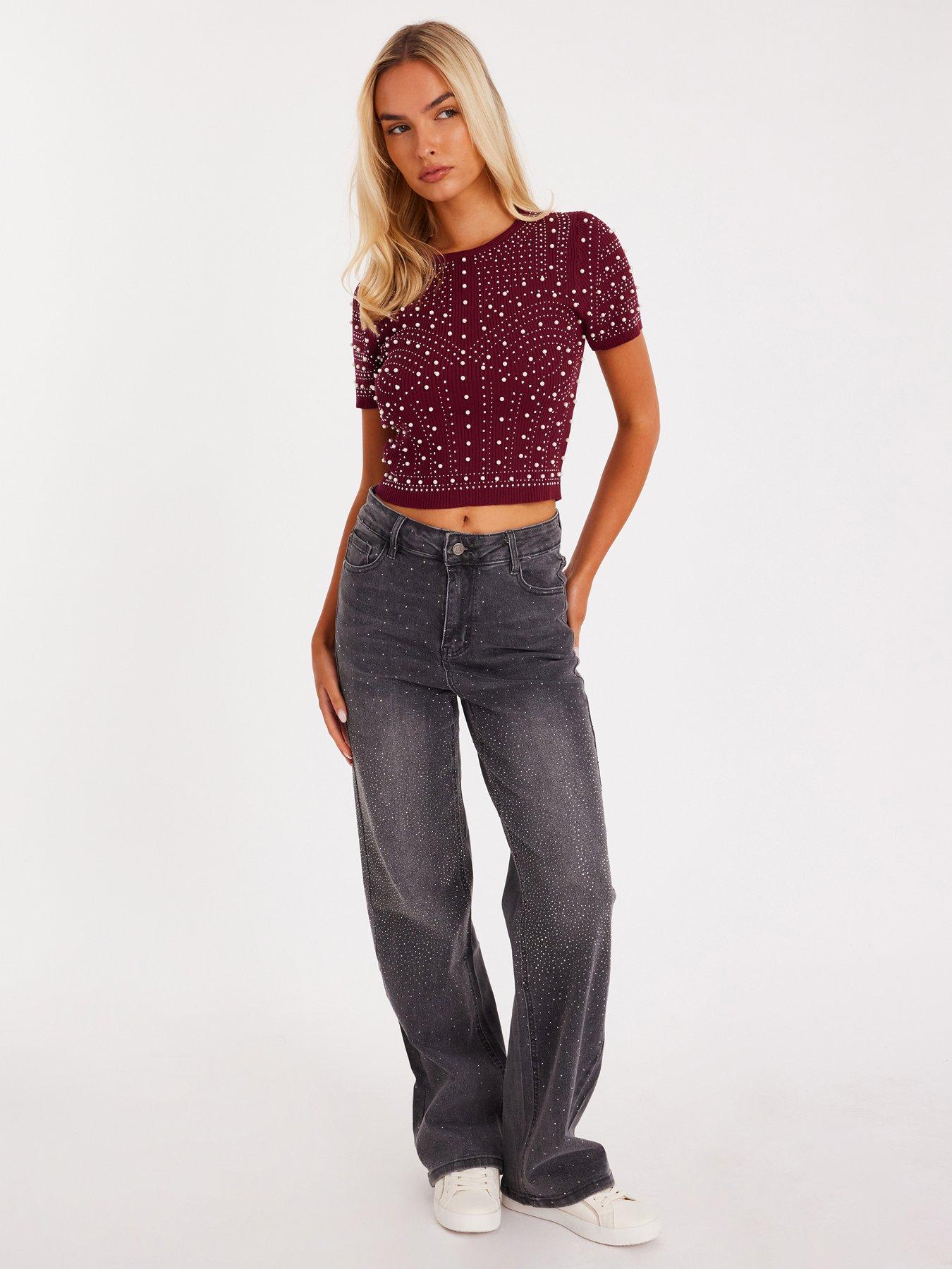 Quiz Dark Grey Denim Diamante Jeans