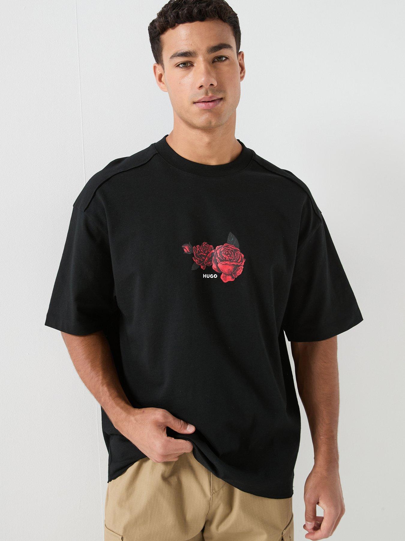 Image 2 of 6 of HUGO Domans Rose Print Oversize Fit T-Shirt - Black