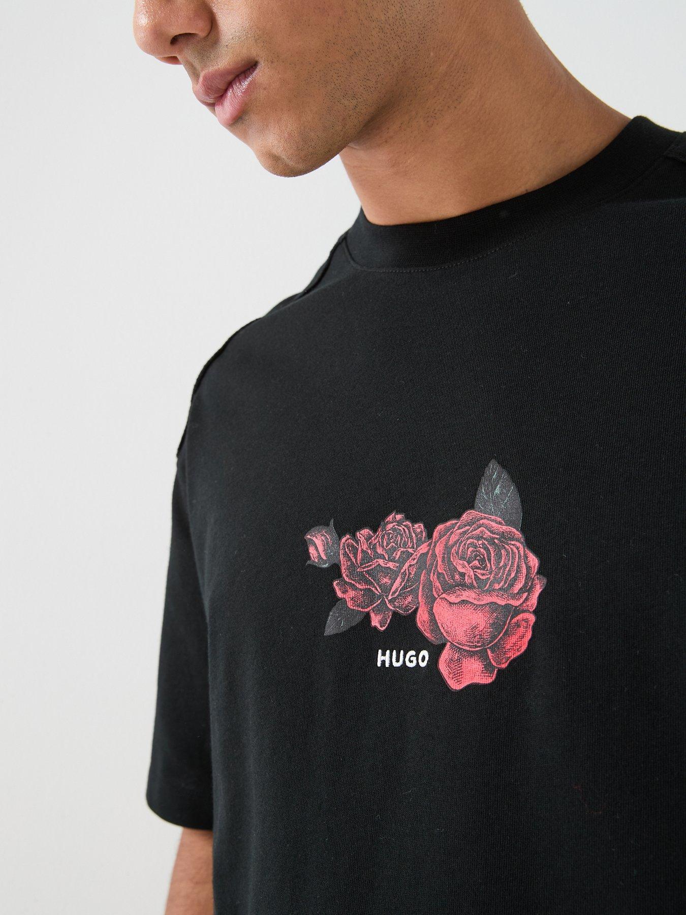 Image 4 of 6 of HUGO Domans Rose Print Oversize Fit T-Shirt - Black