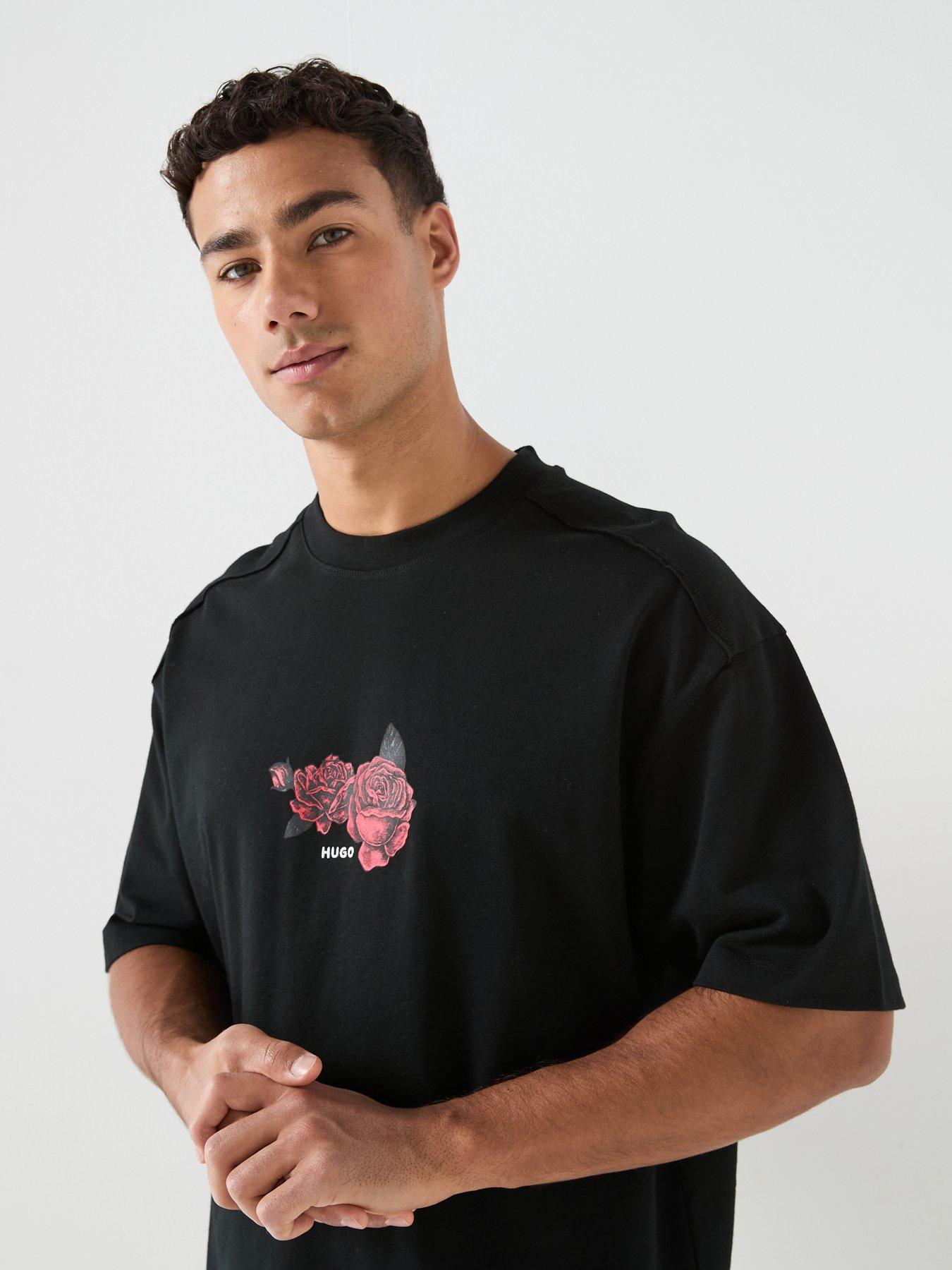 Image 6 of 6 of HUGO Domans Rose Print Oversize Fit T-Shirt - Black