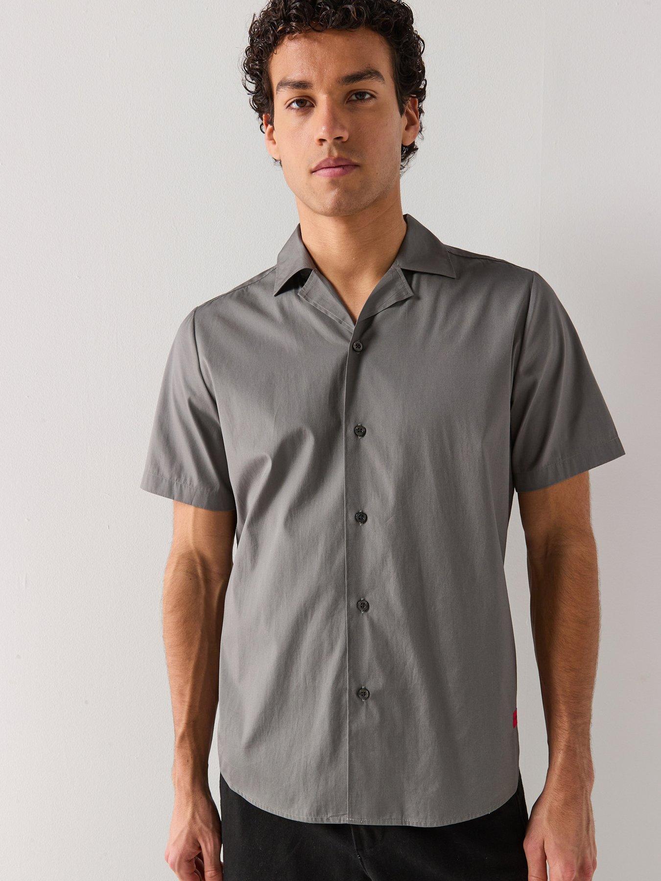 HUGO Ellino Relaxed Fit Revere Collar Short Sleeve Shirt, Dark Grey, Size S, Men
