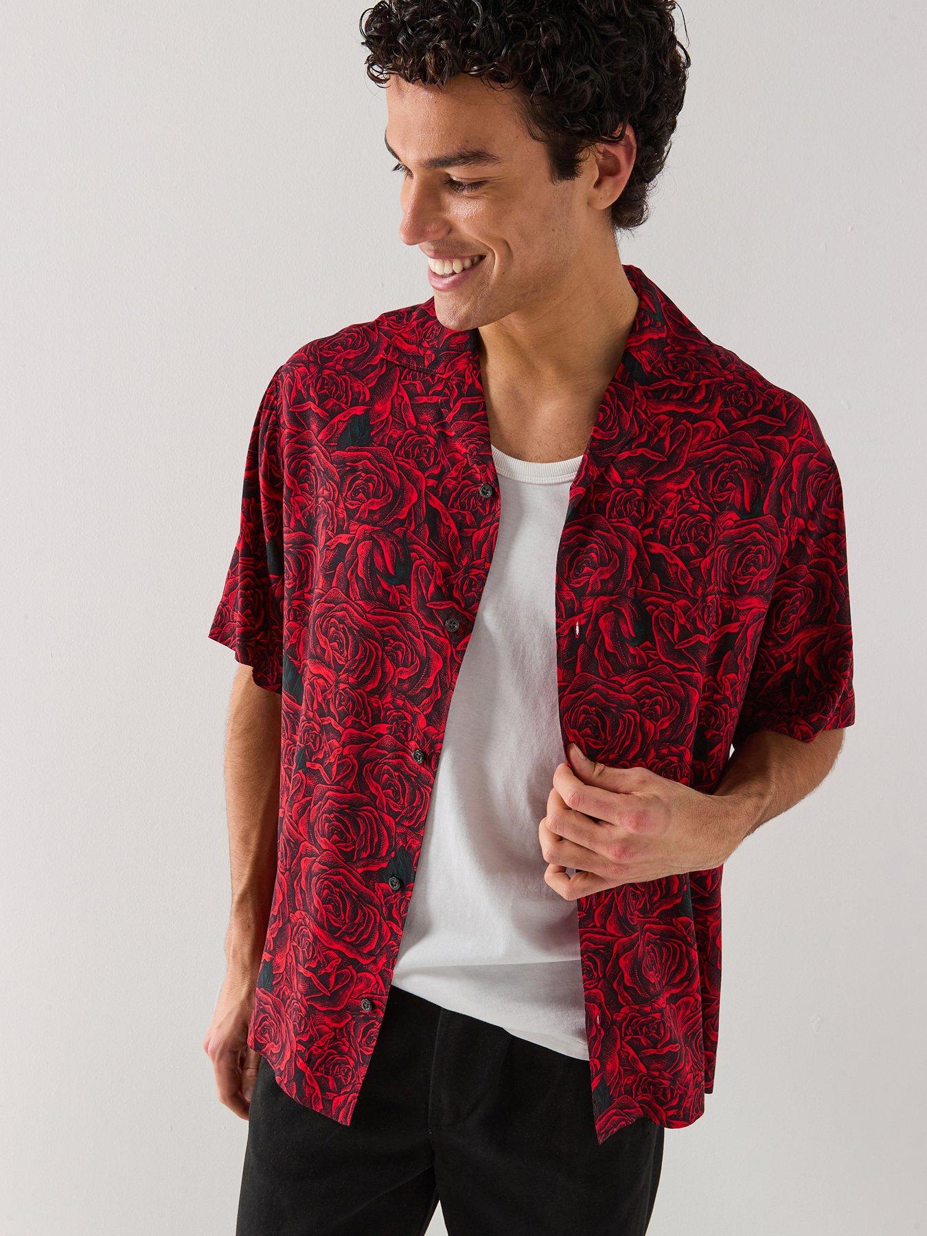 HUGO Espino Oversize Fit Rose Print Short Sleeve Shirt - Black