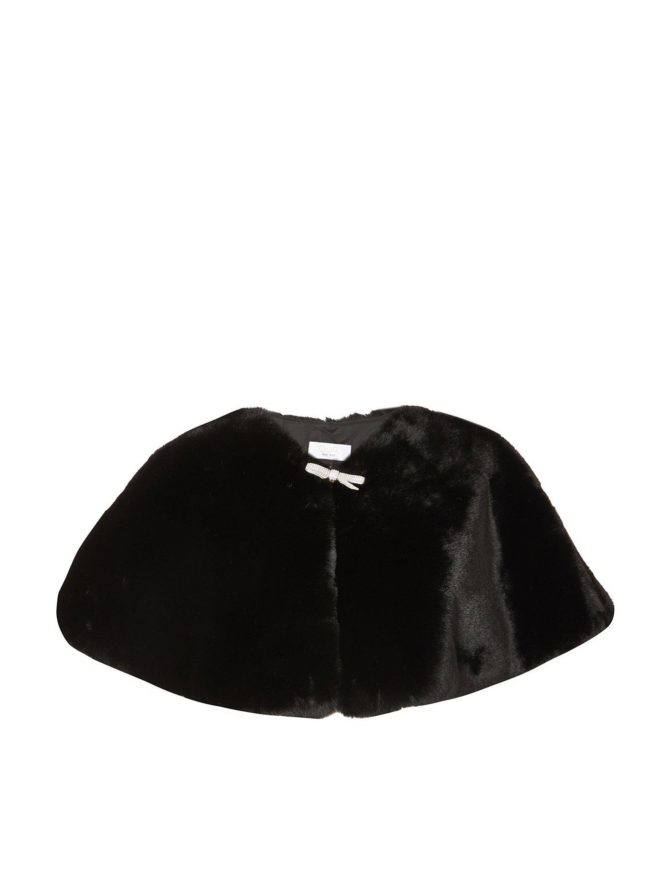 Image 1 of 3 of Quiz Black Bow Detail Faux Fur Wrap