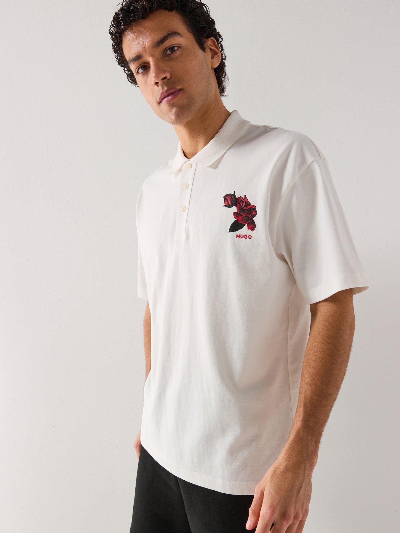 HUGO Dardigo Oversize Fit Rose Print Polo Shirt, Natural, Size M, Men