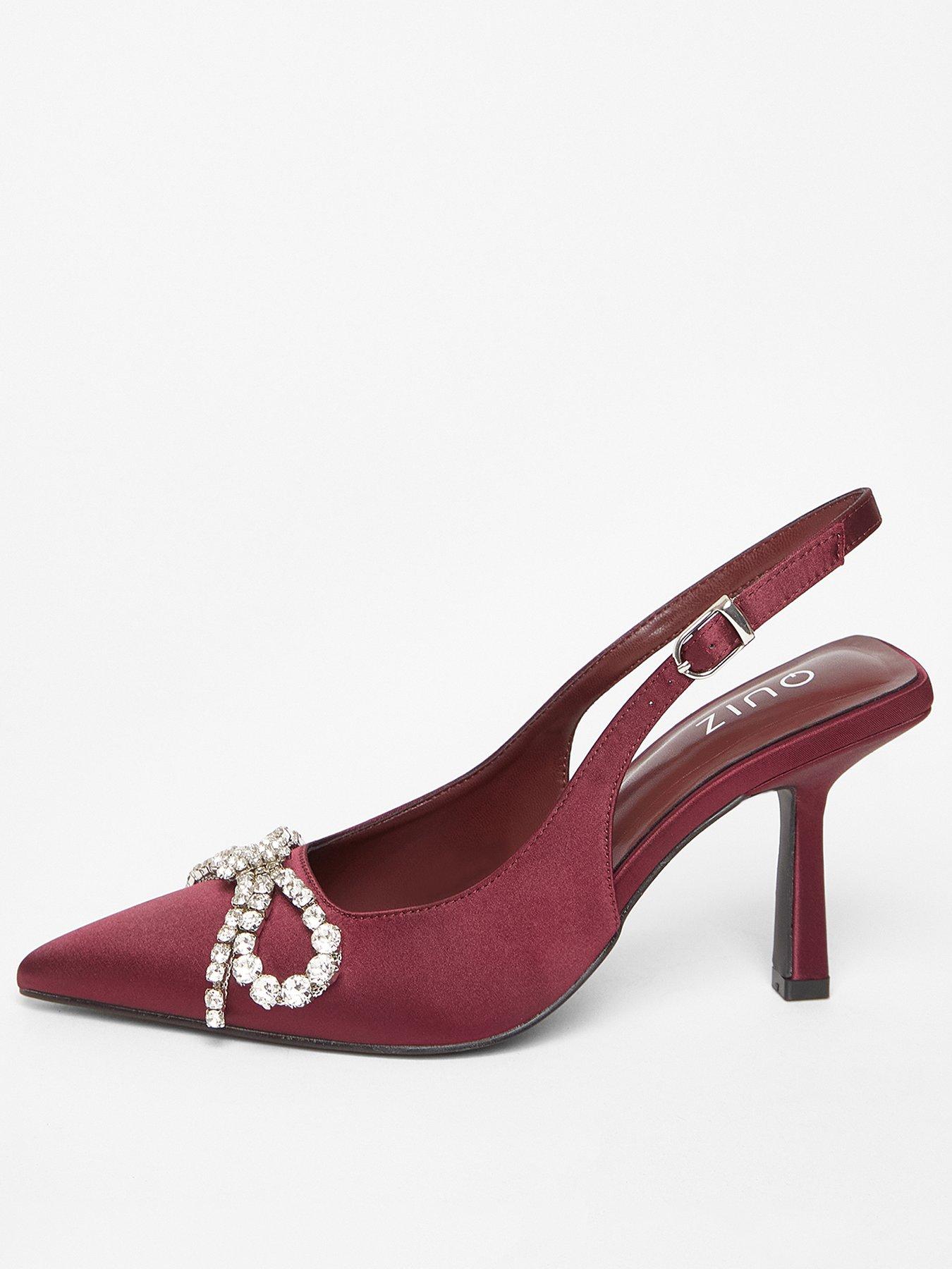 Quiz Burgundy Satin Diamante Bow Court Heels