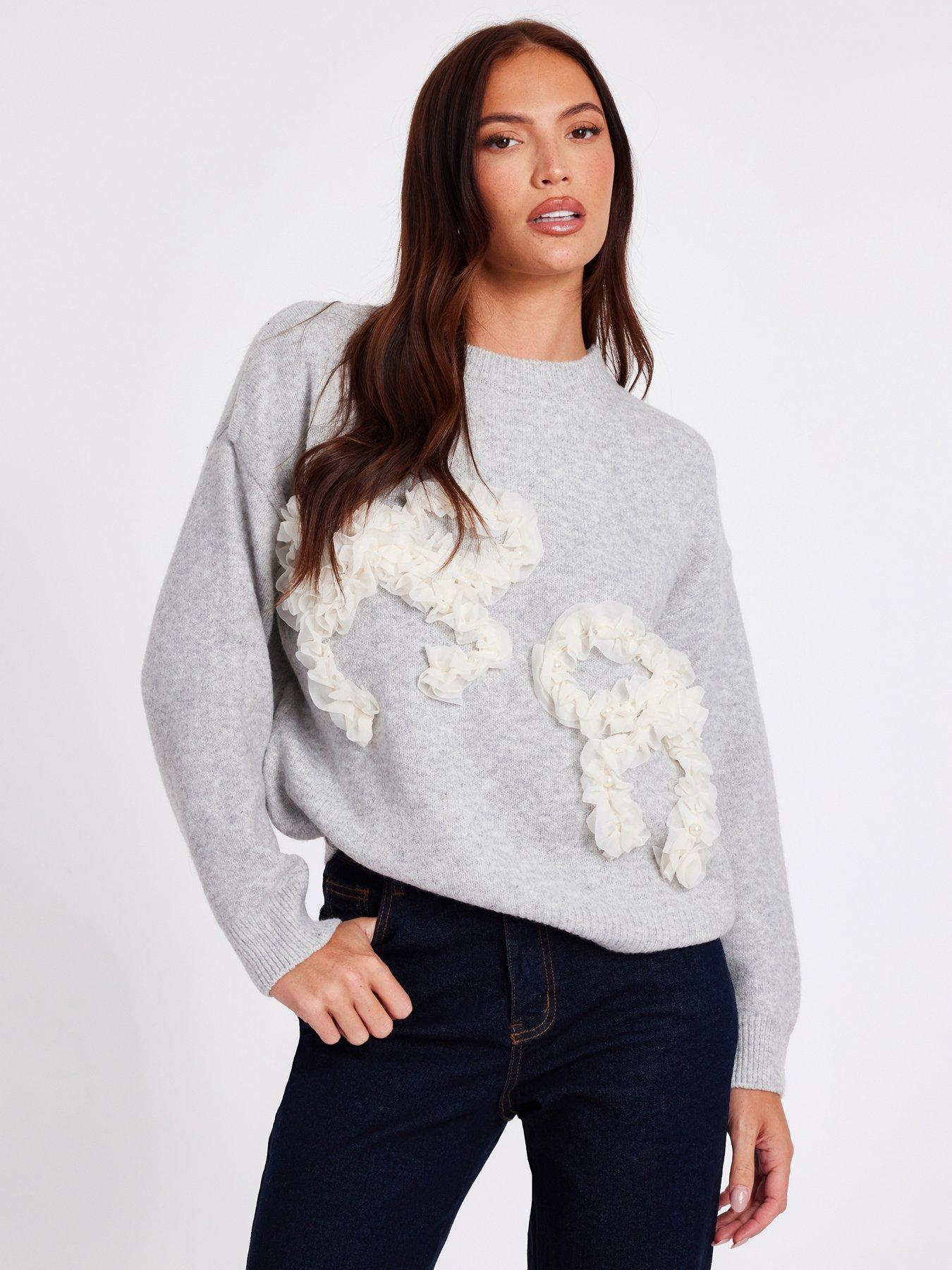 Quiz Grey Ruffle Bow Jumper
