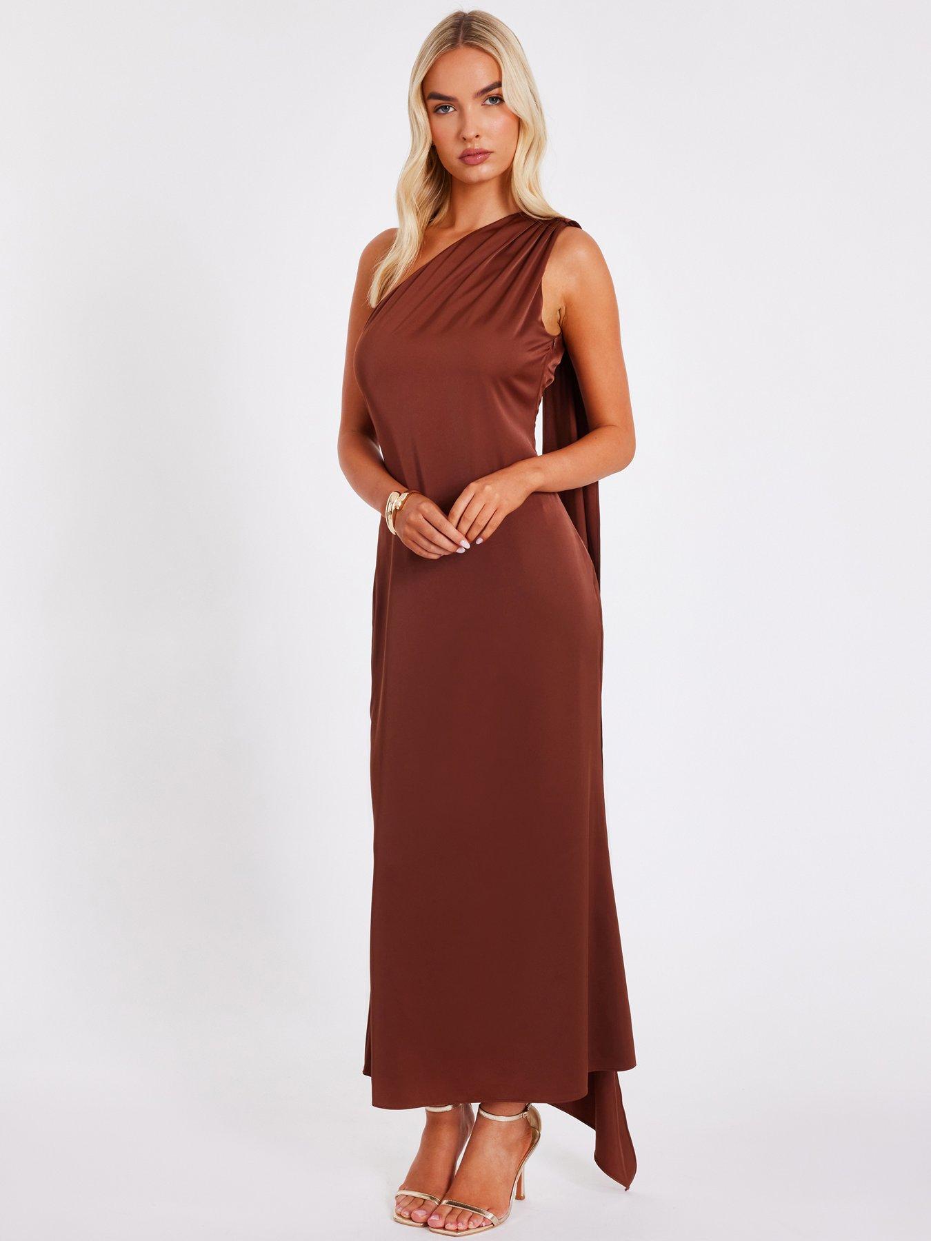 Quiz Brown Satin Wrap Neck Midaxi Dress