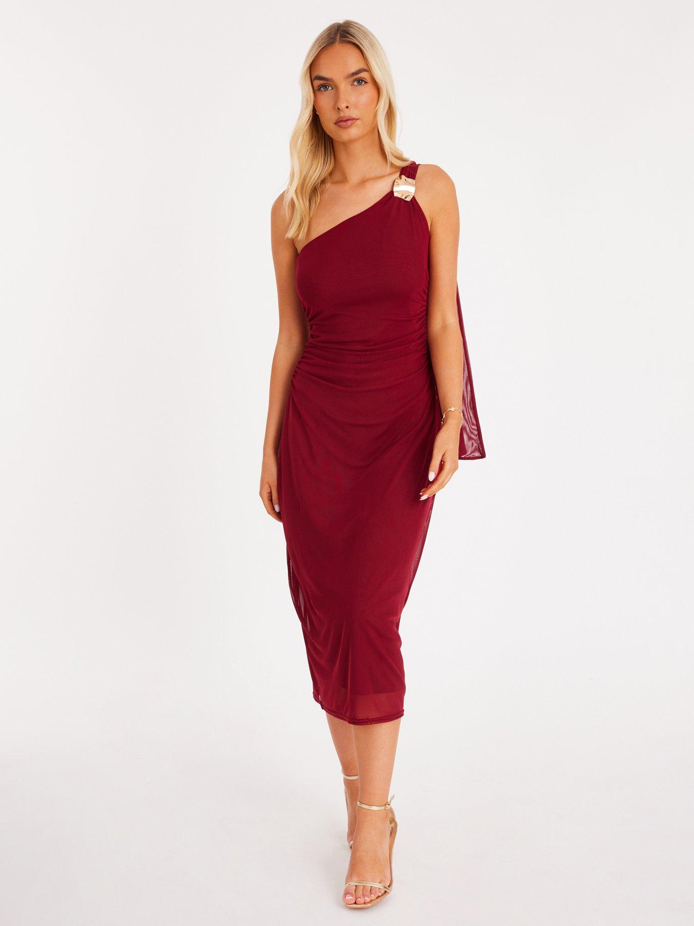 quiz burgundy dress Quiz Burgundy Mesh One Shoulder Midi Dress