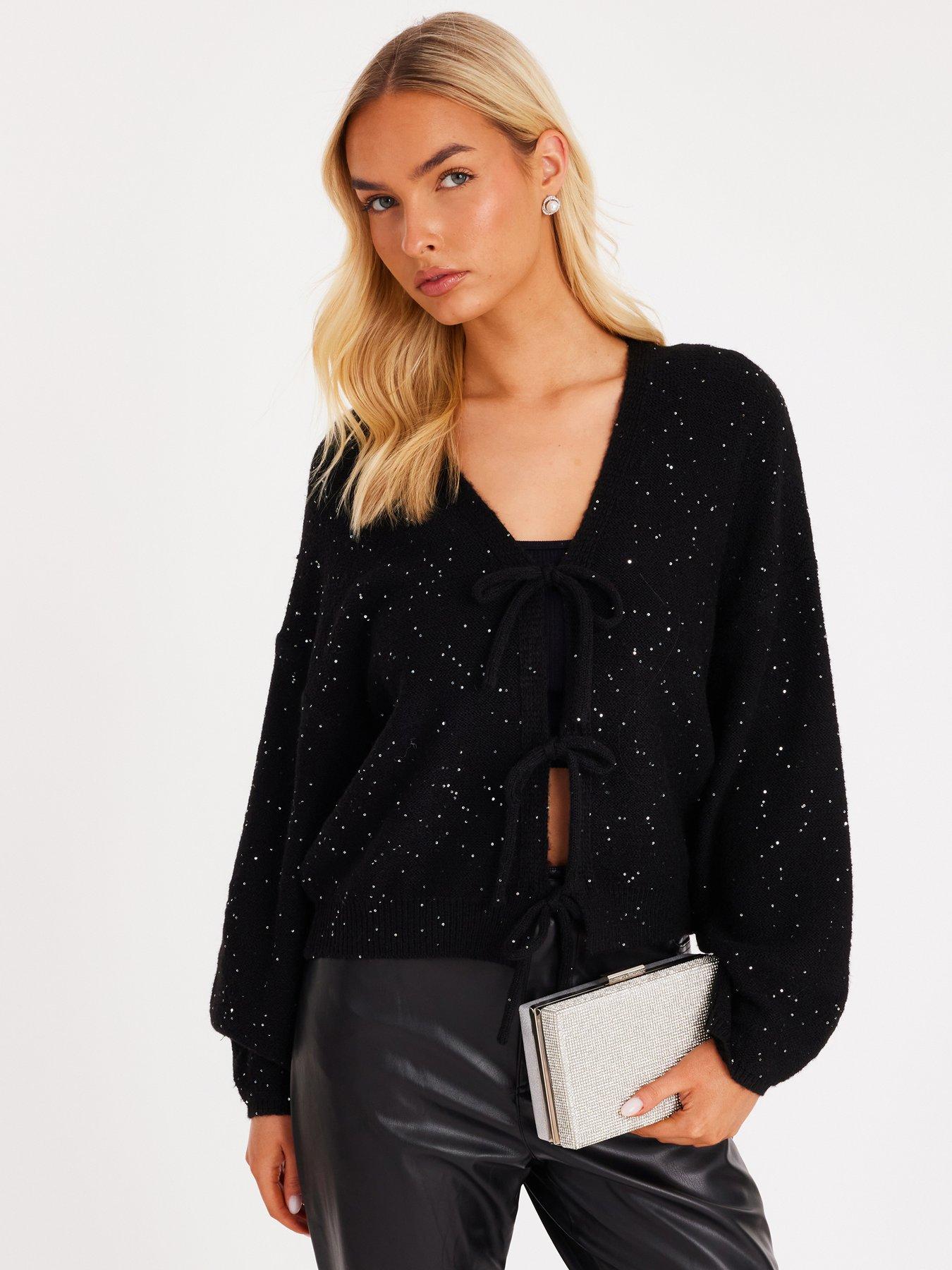 Quiz Black Sequin Tie Front Cardigan | Very