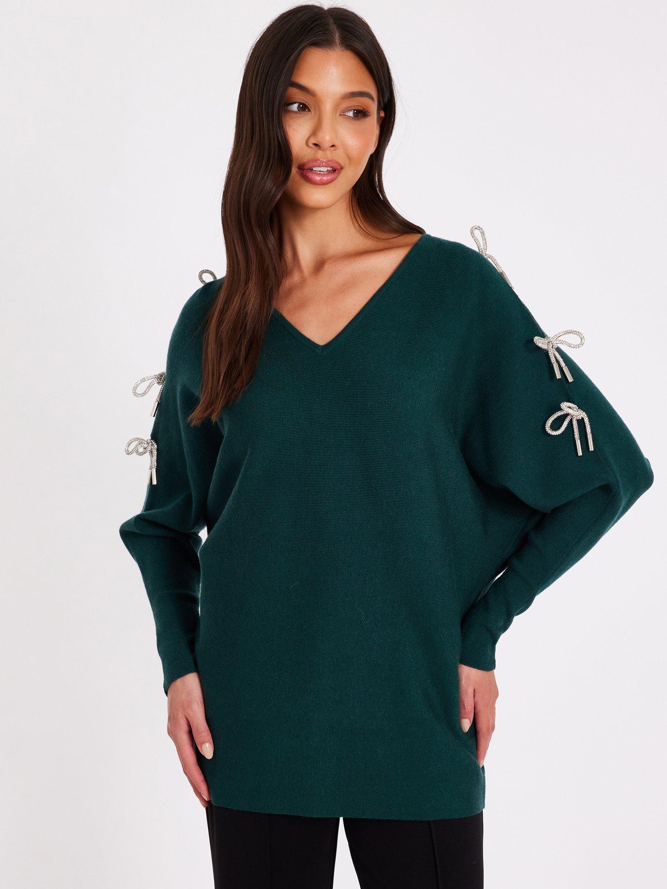 Quiz Bottle Green Diamante Bow Jumper
