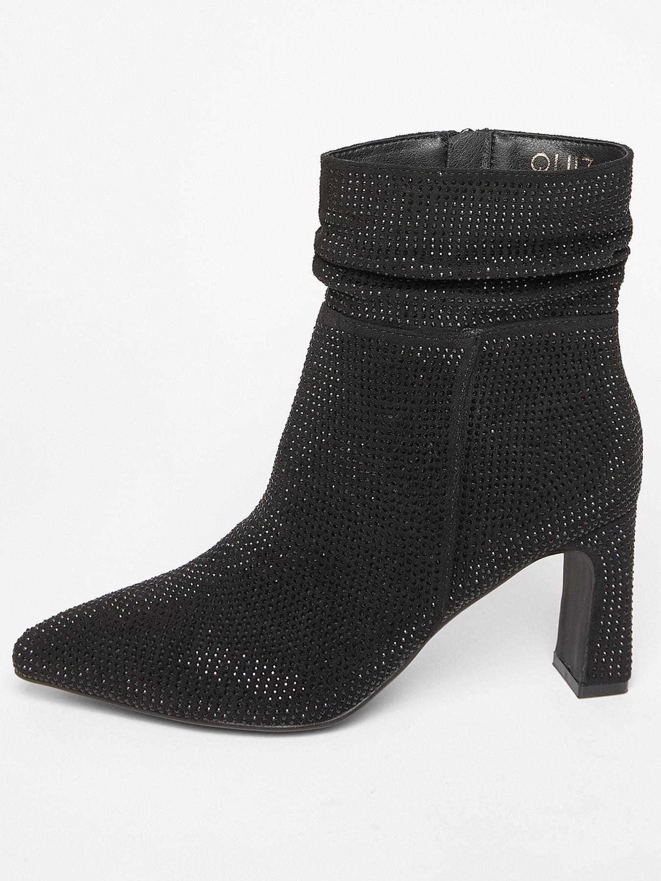 Quiz Wide Fit Black Diamante Heeled Boot