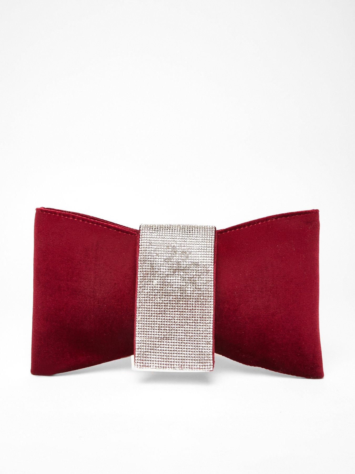 Image 1 of 5 of Quiz Burgundy Diamante Bow Clutch Bag