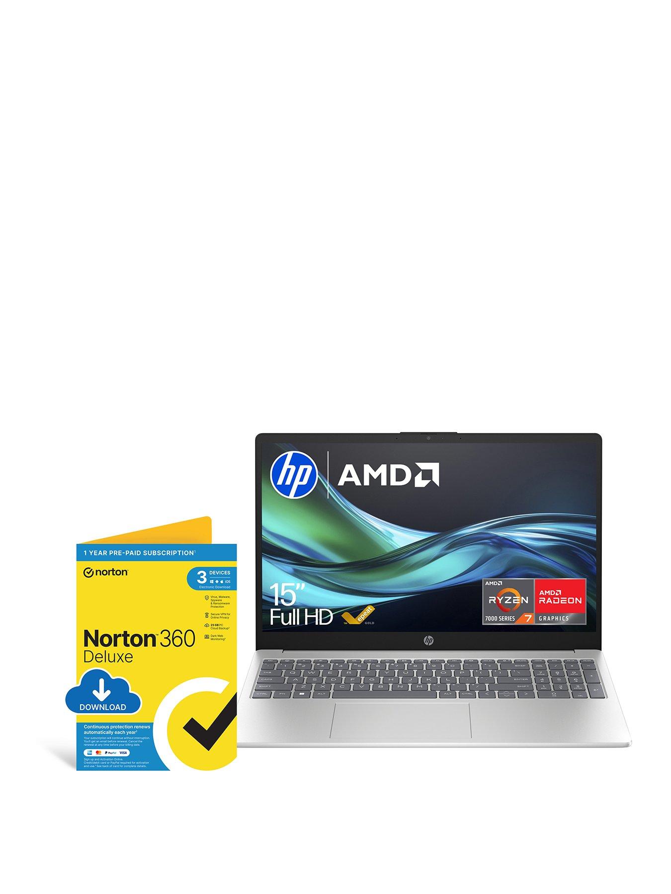 HP 15-fc0051na Laptop - 15.6in FHD, AMD Ryzen 7, 16GB RAM, 512GB SSD, with Norton 360 Deluxe Antivirus - Silver