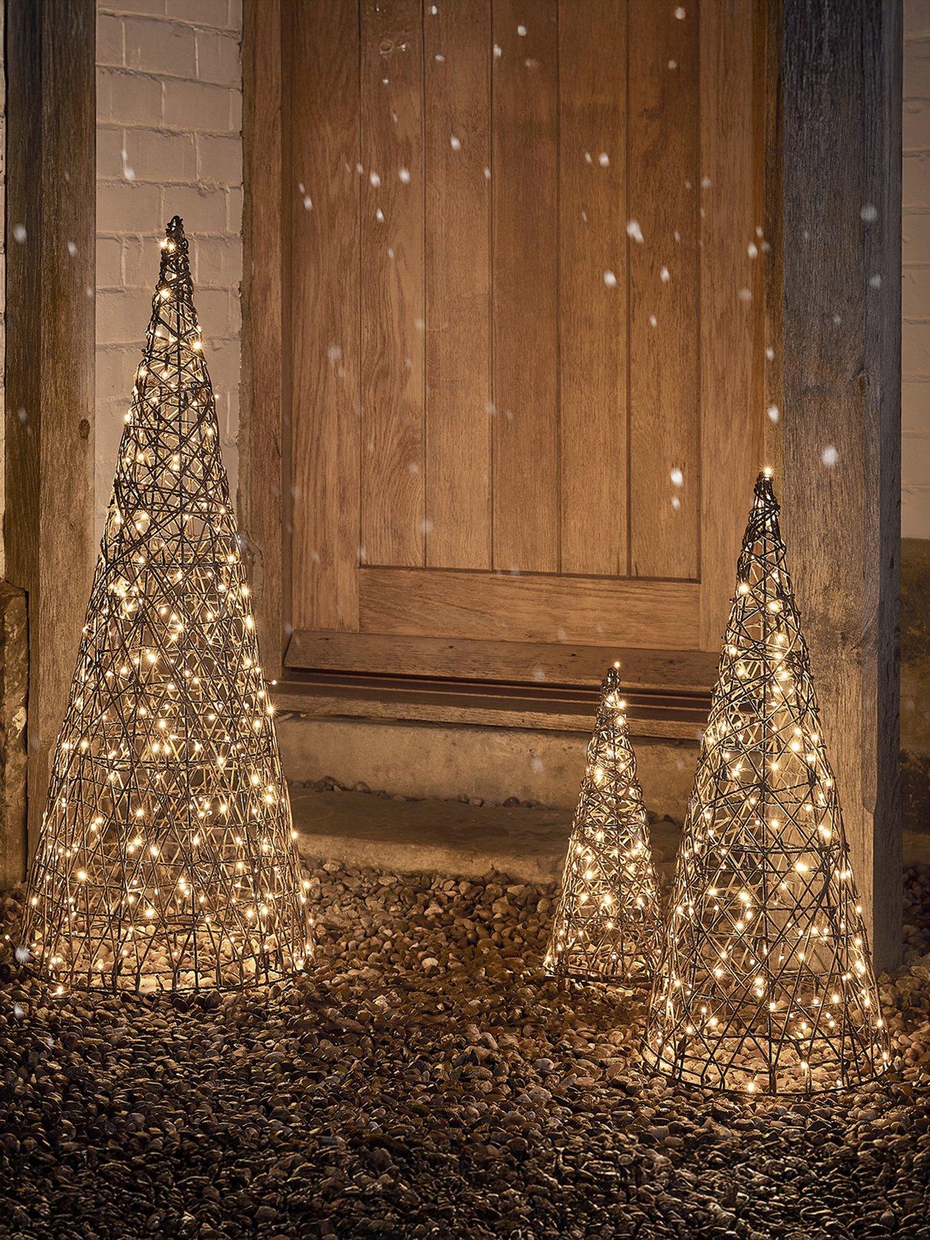 Lights4Fun Studley Rattan Cone Outdoor Christmas Decoration Trio