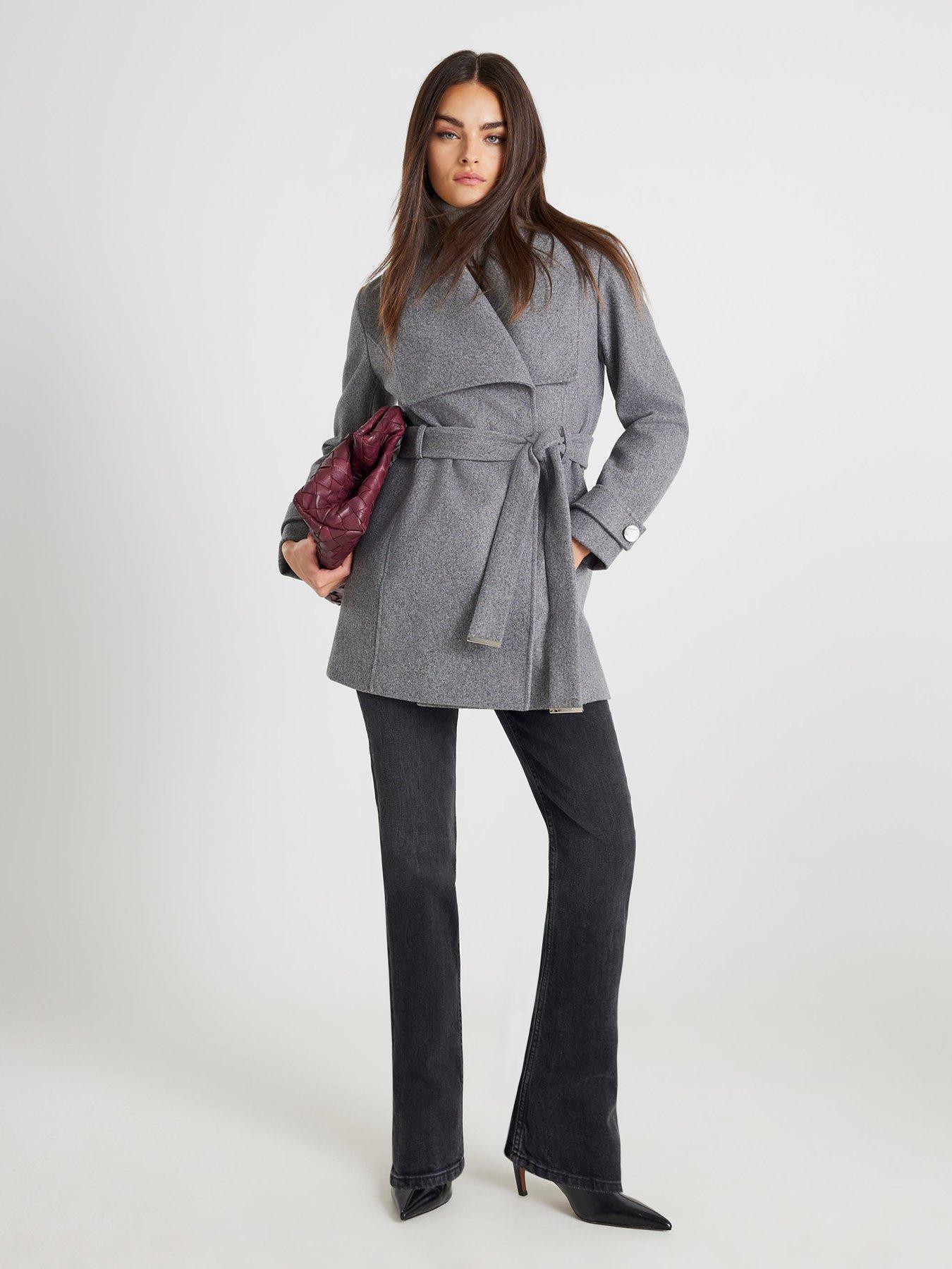 River Island Short Wide Collar Wrap Coat - Grey