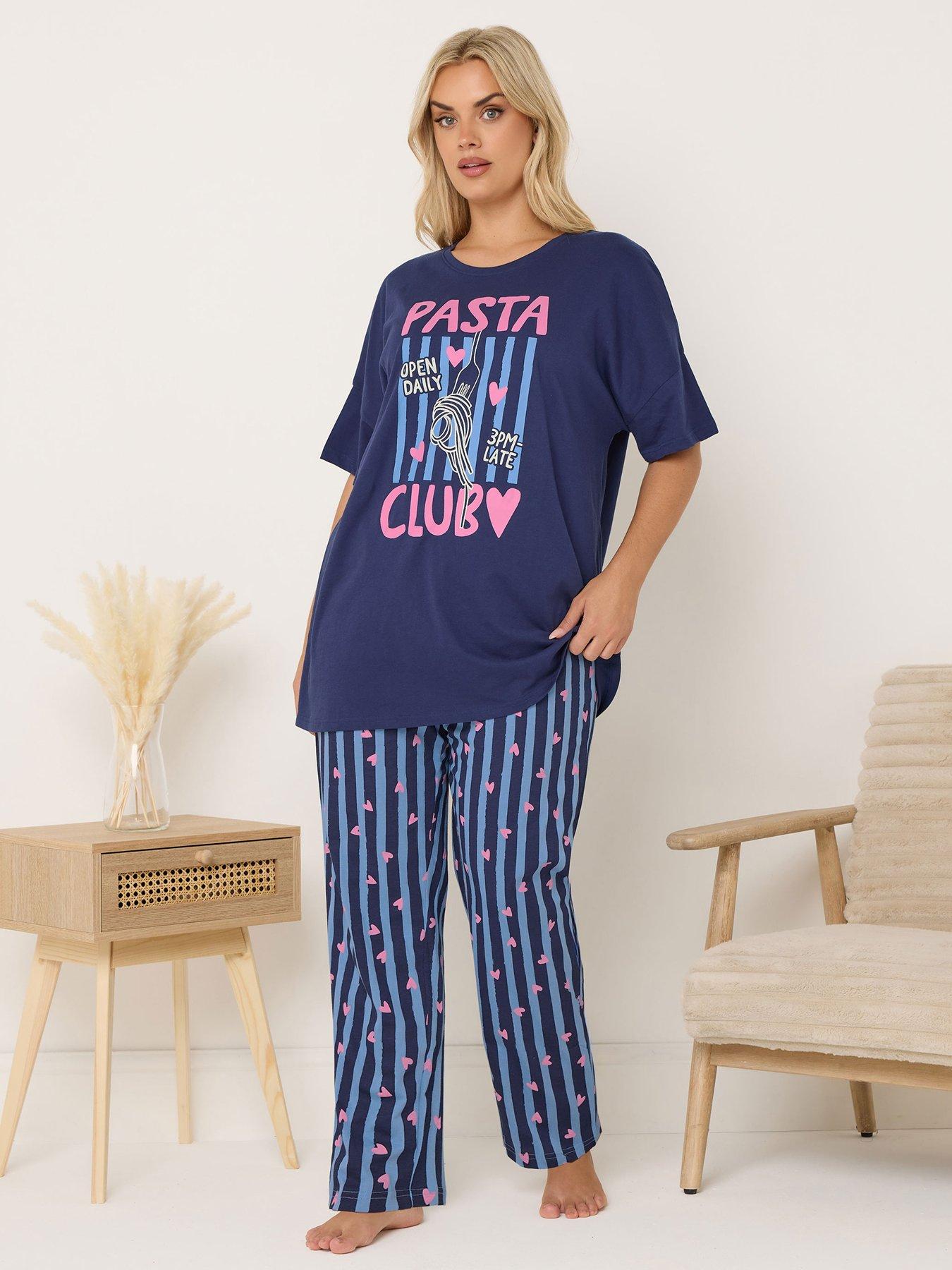 Yours Curve Pasta Club Wide Leg Pyjama Set - Blue | Very