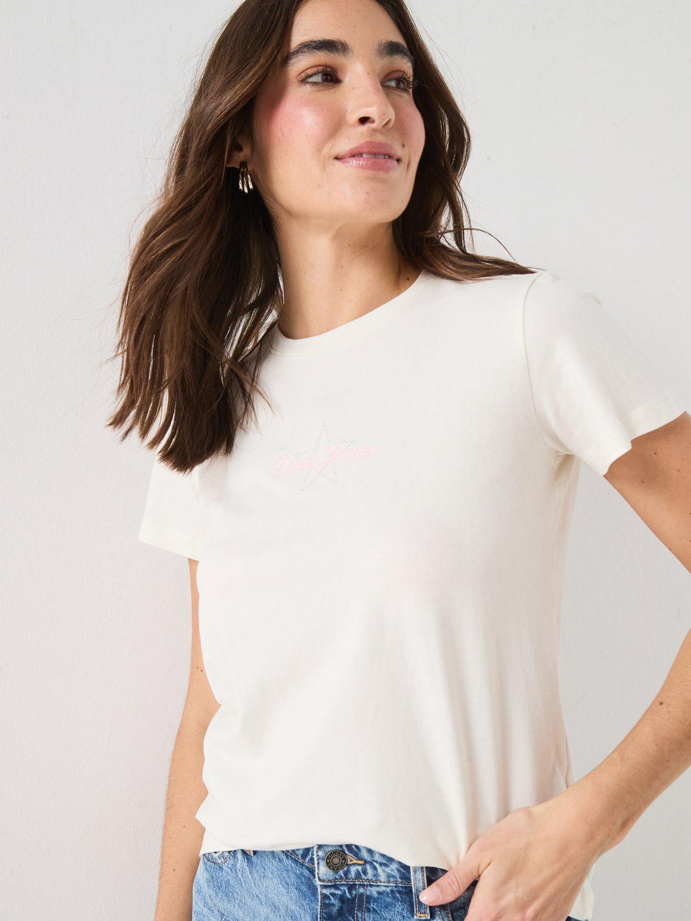 Guess Short Sleeve Baby Baker Tee, Cream, Size S, Women
