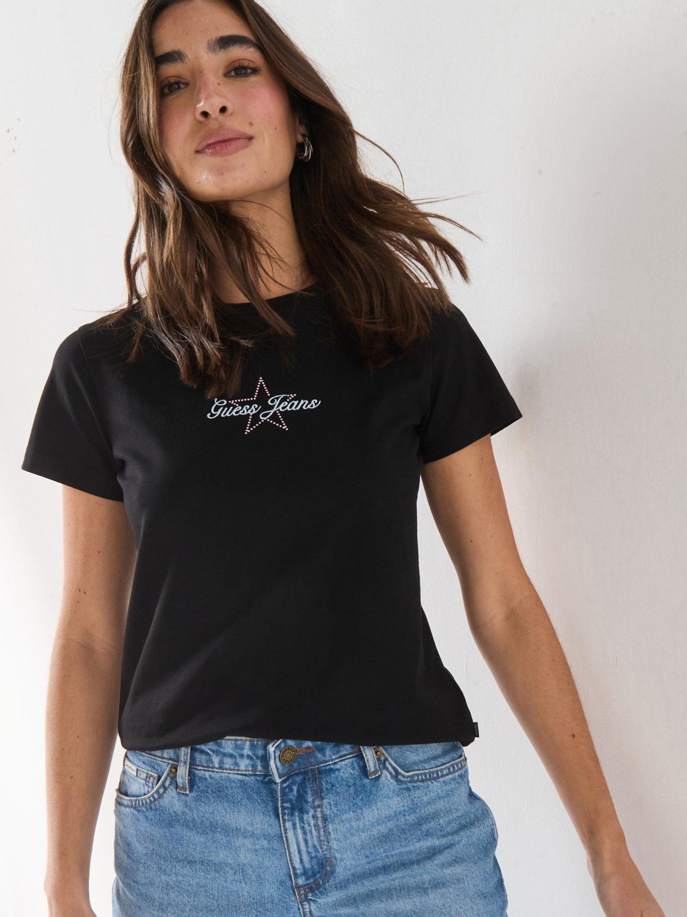Guess Short Sleeve Baby Baker Tee, Black, Size L, Women