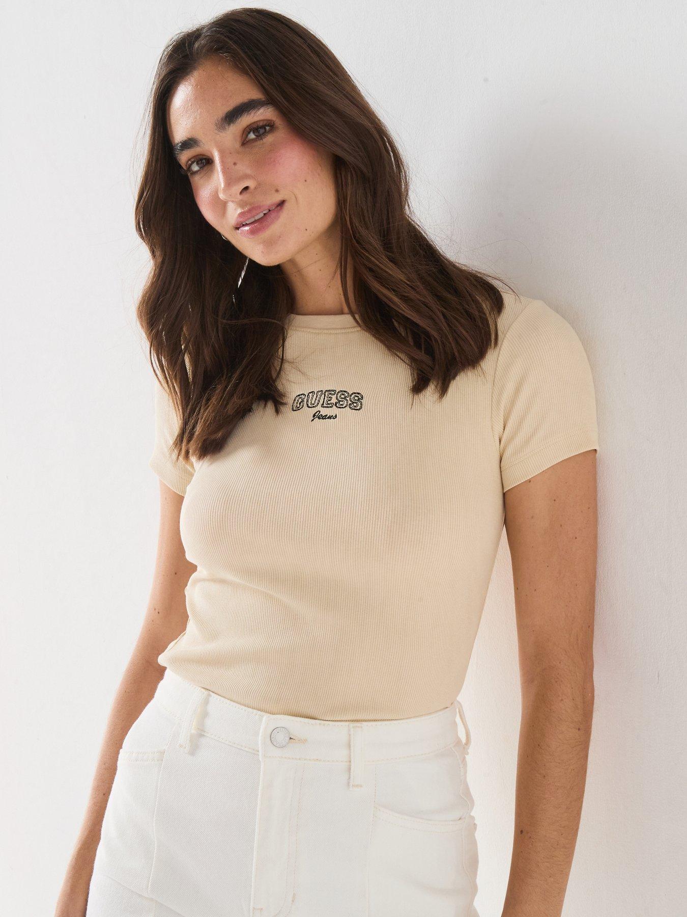 Guess Short Sleeve Slim Tee, Cream, Size M, Women