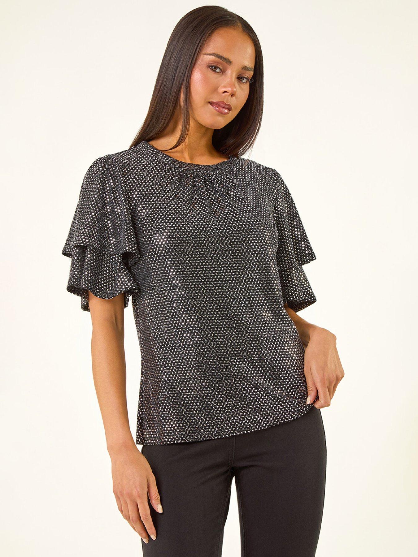 Roman Petite Sequin Flute Sleeve Top - Grey