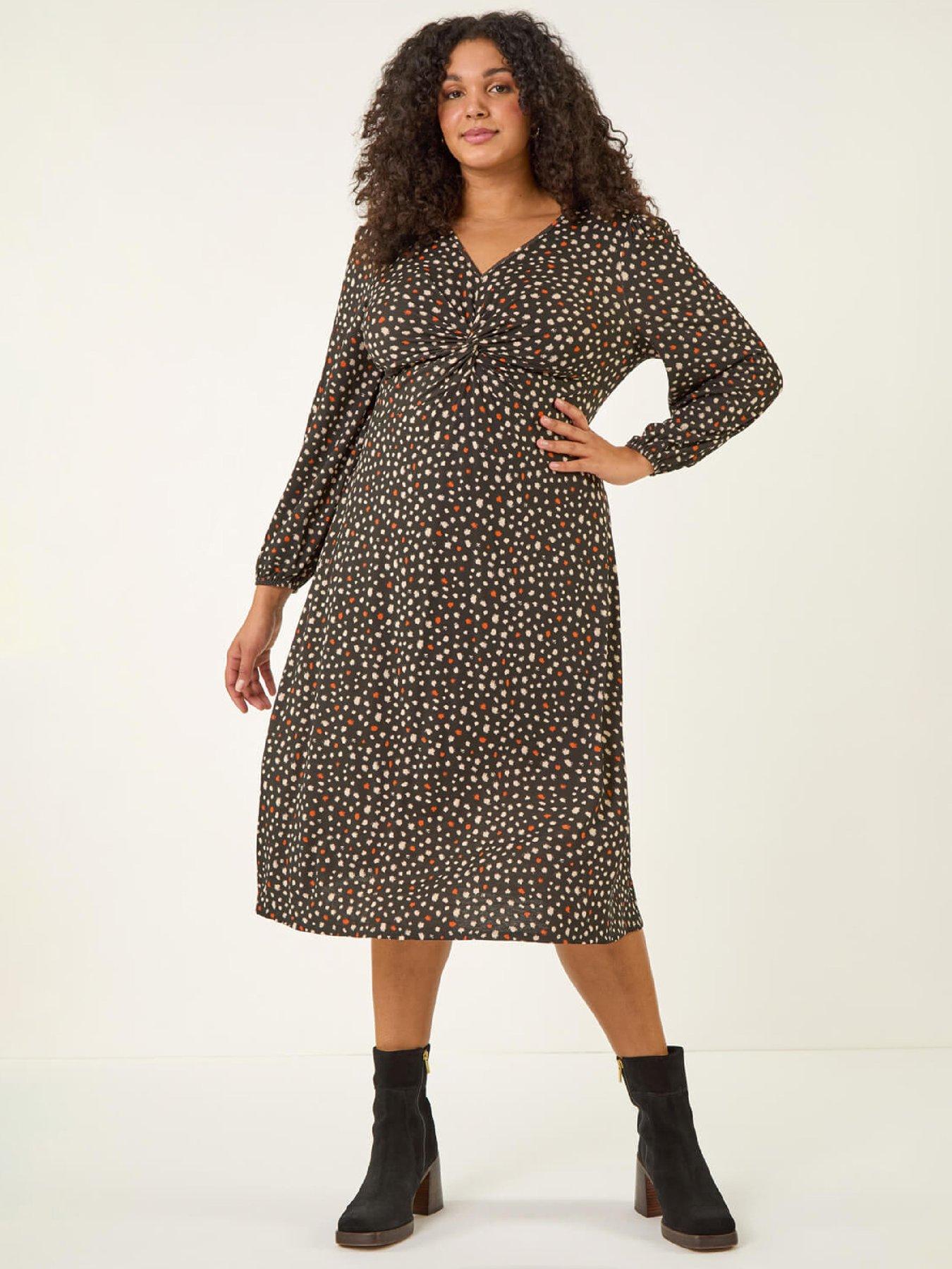 Roman Curve Spot Twist Stretch Dress, Black, Size 22-24, Women