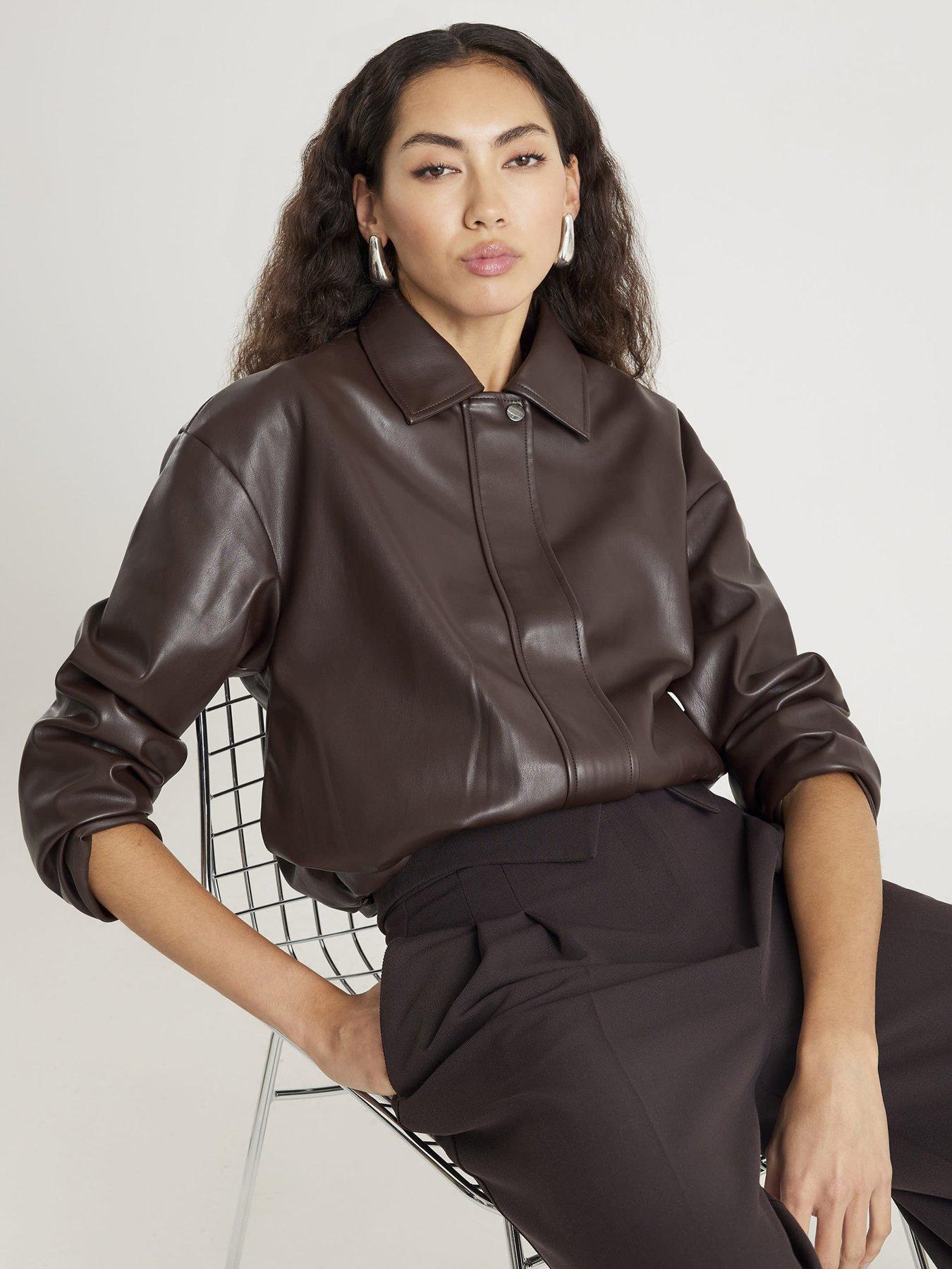 River Island PU Placket Bomber Jacket - Brown