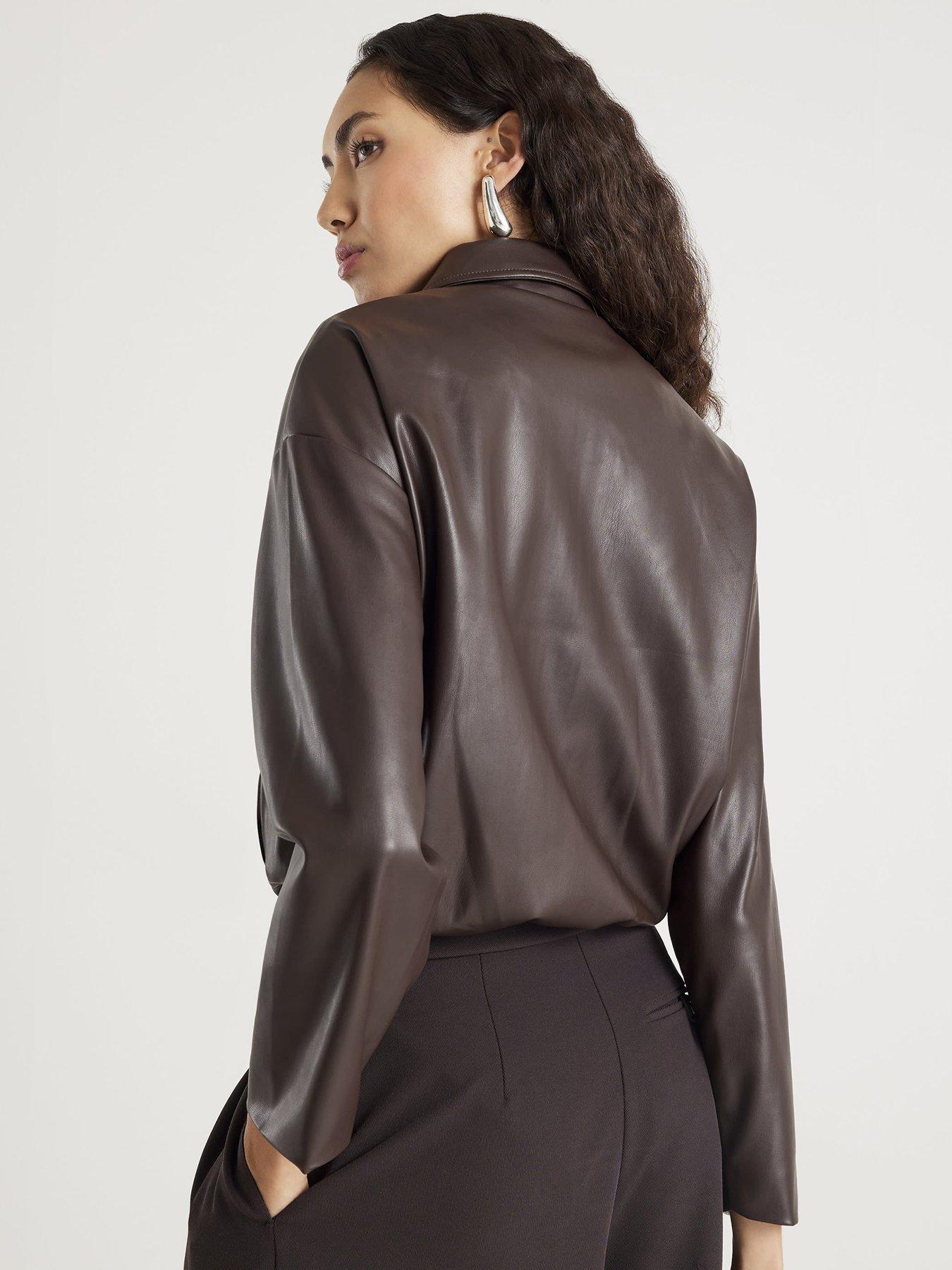 Image 2 of 4 of River Island PU Placket Bomber Jacket - Brown