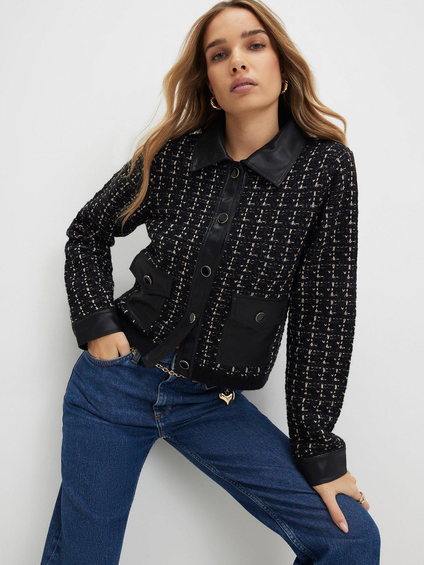 River Island: Boucle Cardigan With Faux Leather Trim - Black