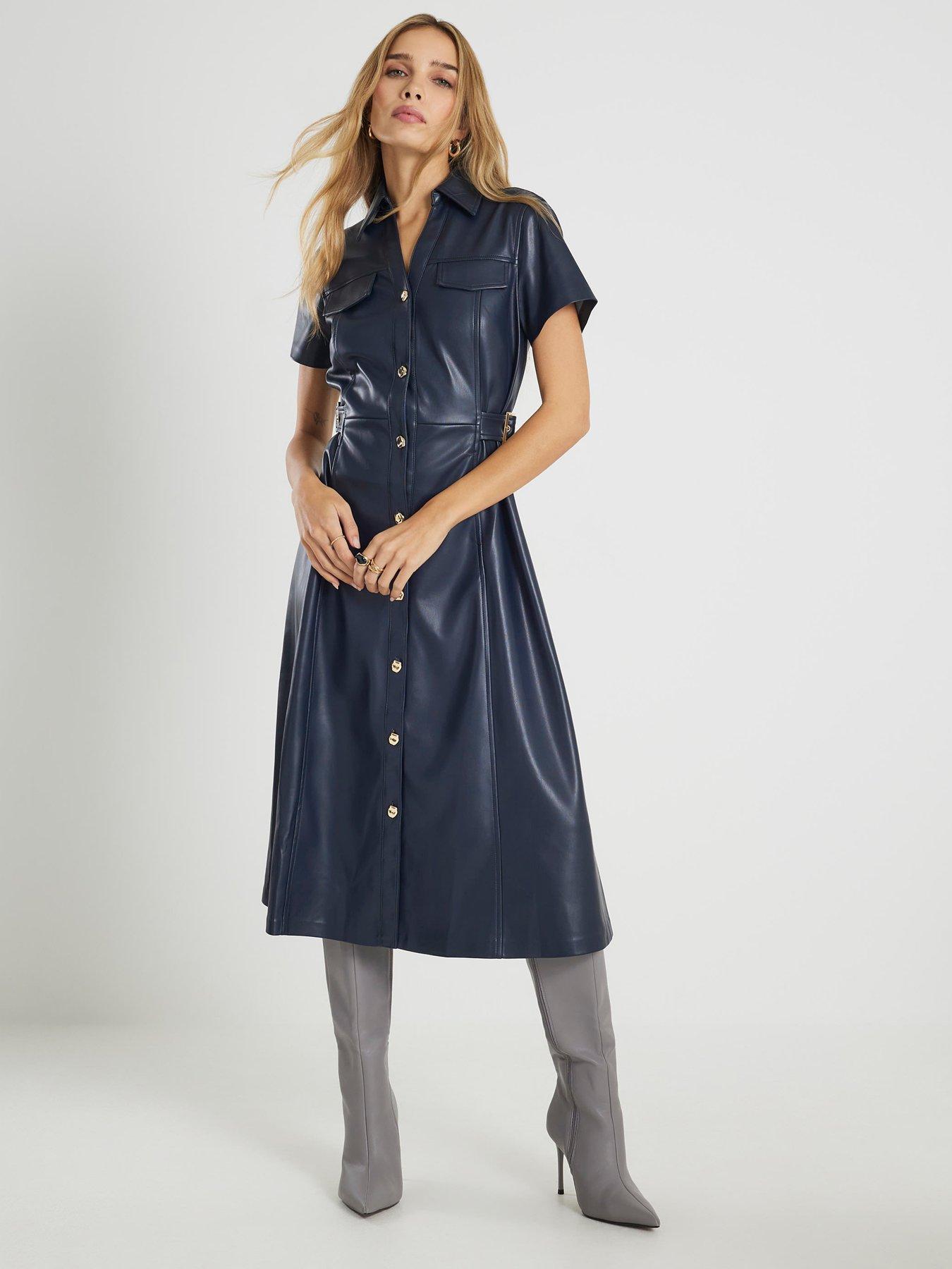 River Island Faux Leather Buckle Waist Shirt Dress - Blue