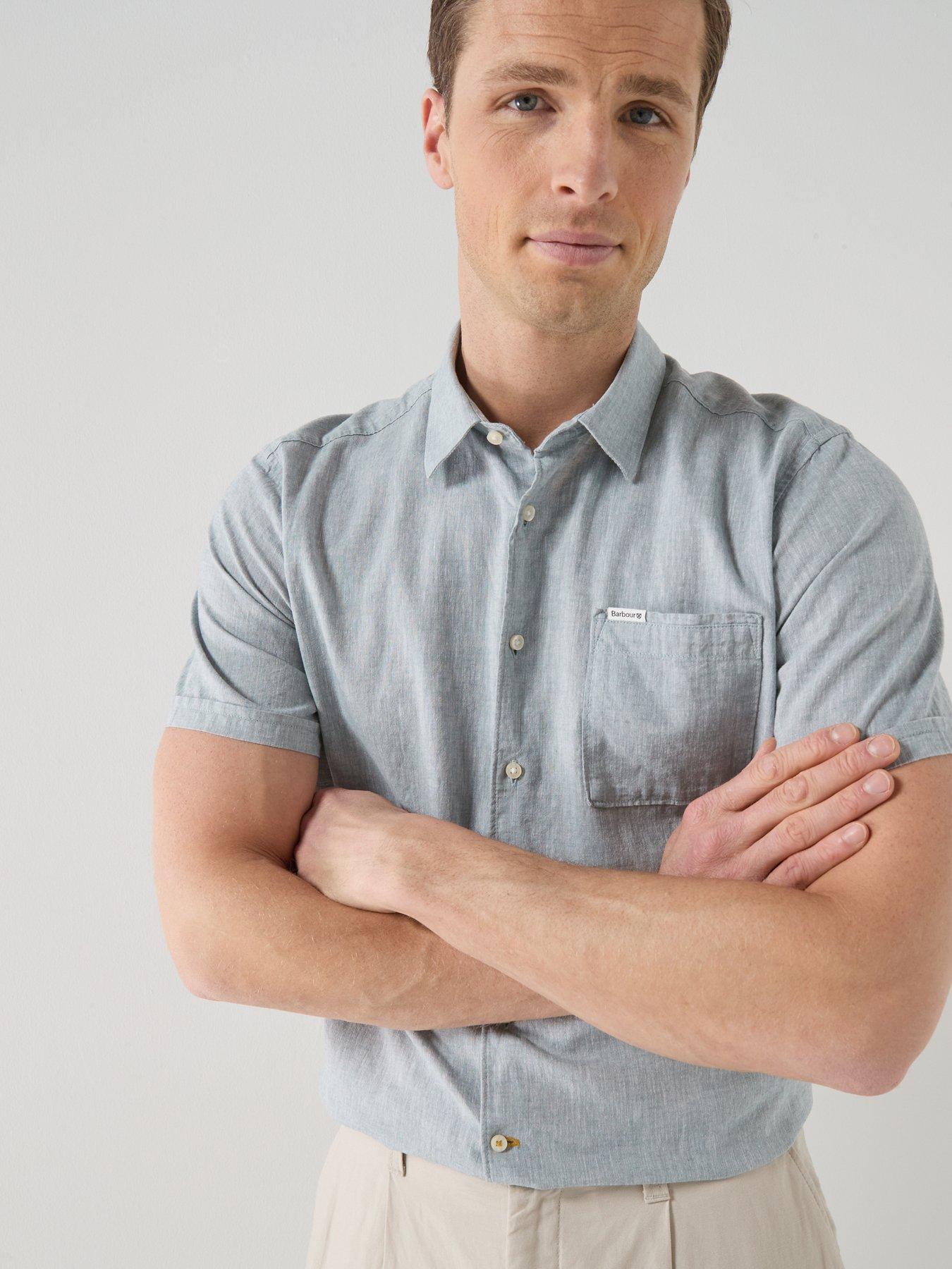 Image 4 of 5 of Barbour Nelson Linen Blend Regular Fit Short Sleeve Shirt - light Blue