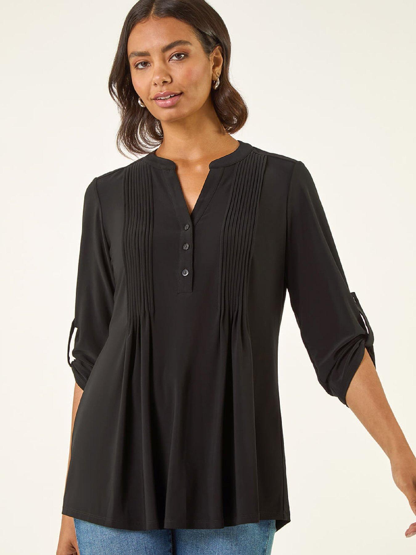 Roman Pintuck Button Stretch Top - Black