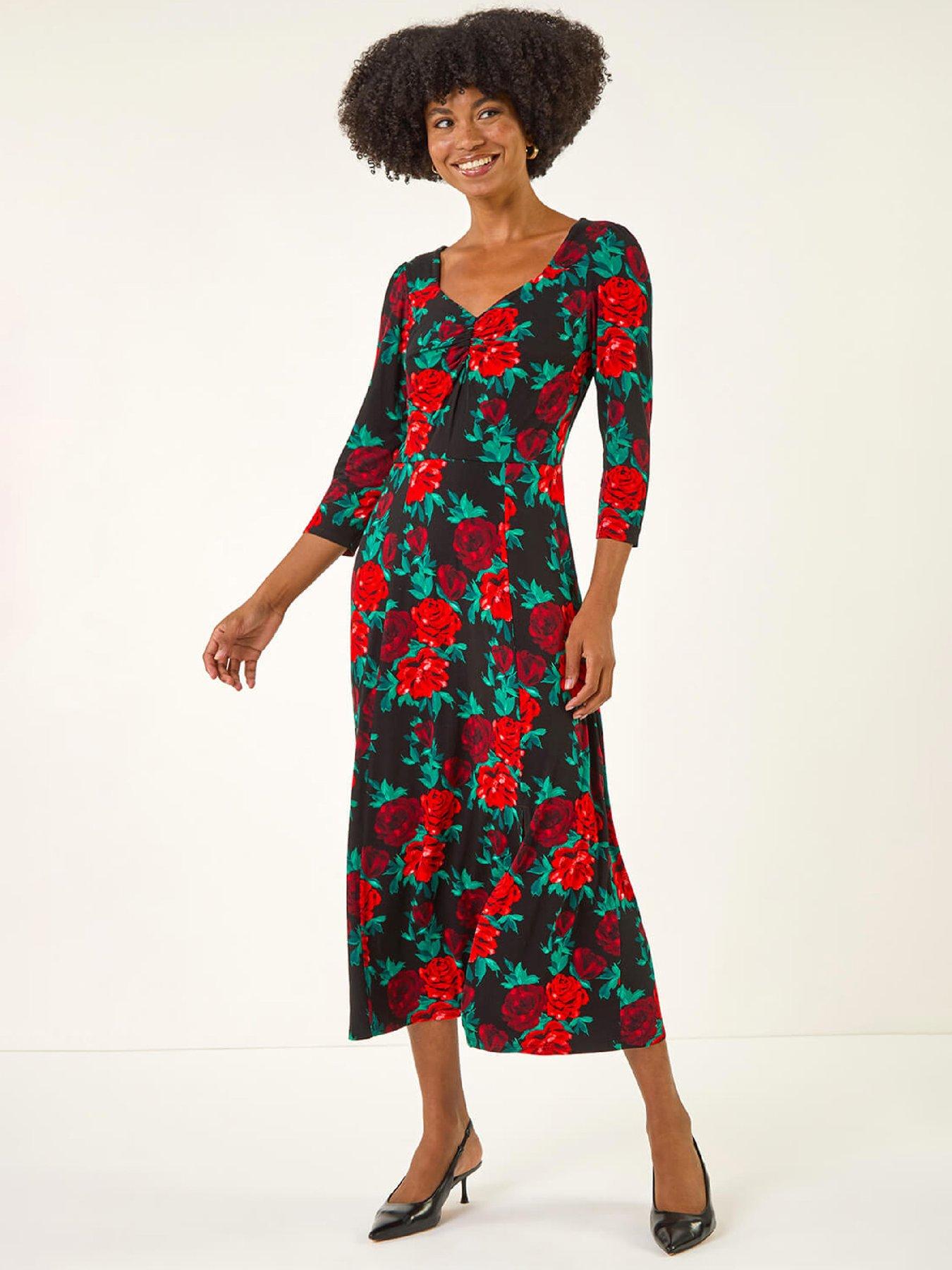 Roman Rose Ruched Midi Dress, Red, Size 12, Women