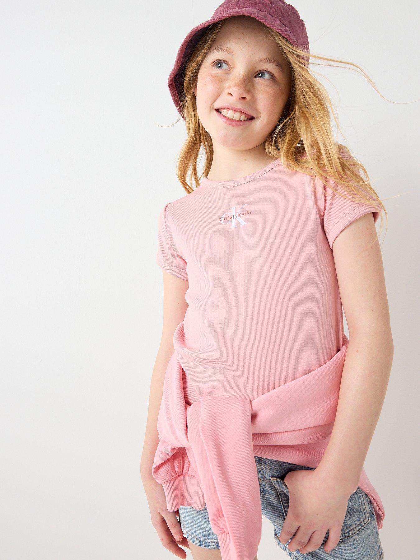 Calvin Klein Jeans Girls Monologo Short Sleeve Rib T-Shirt, Pink, Size Age: 10 Years